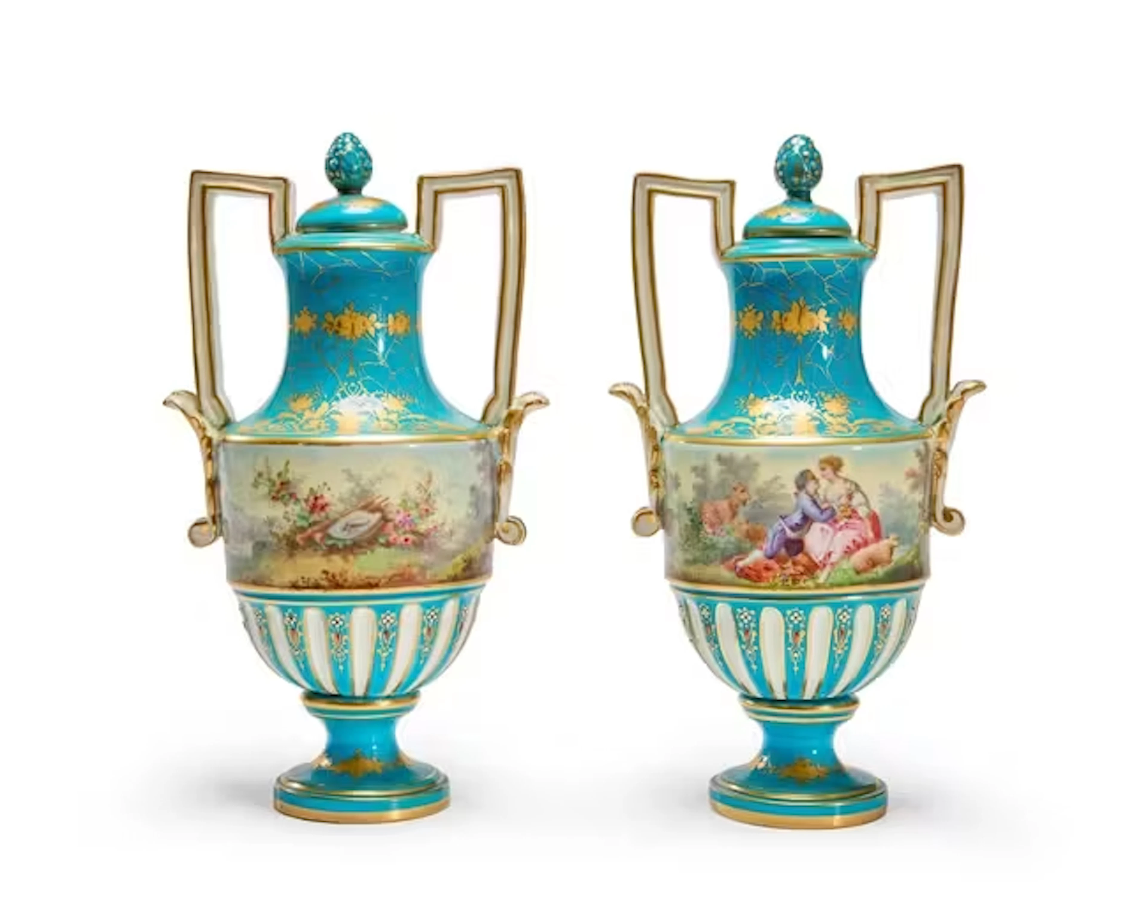 A pair of Sèvres-style porcelain bleu céleste ground...