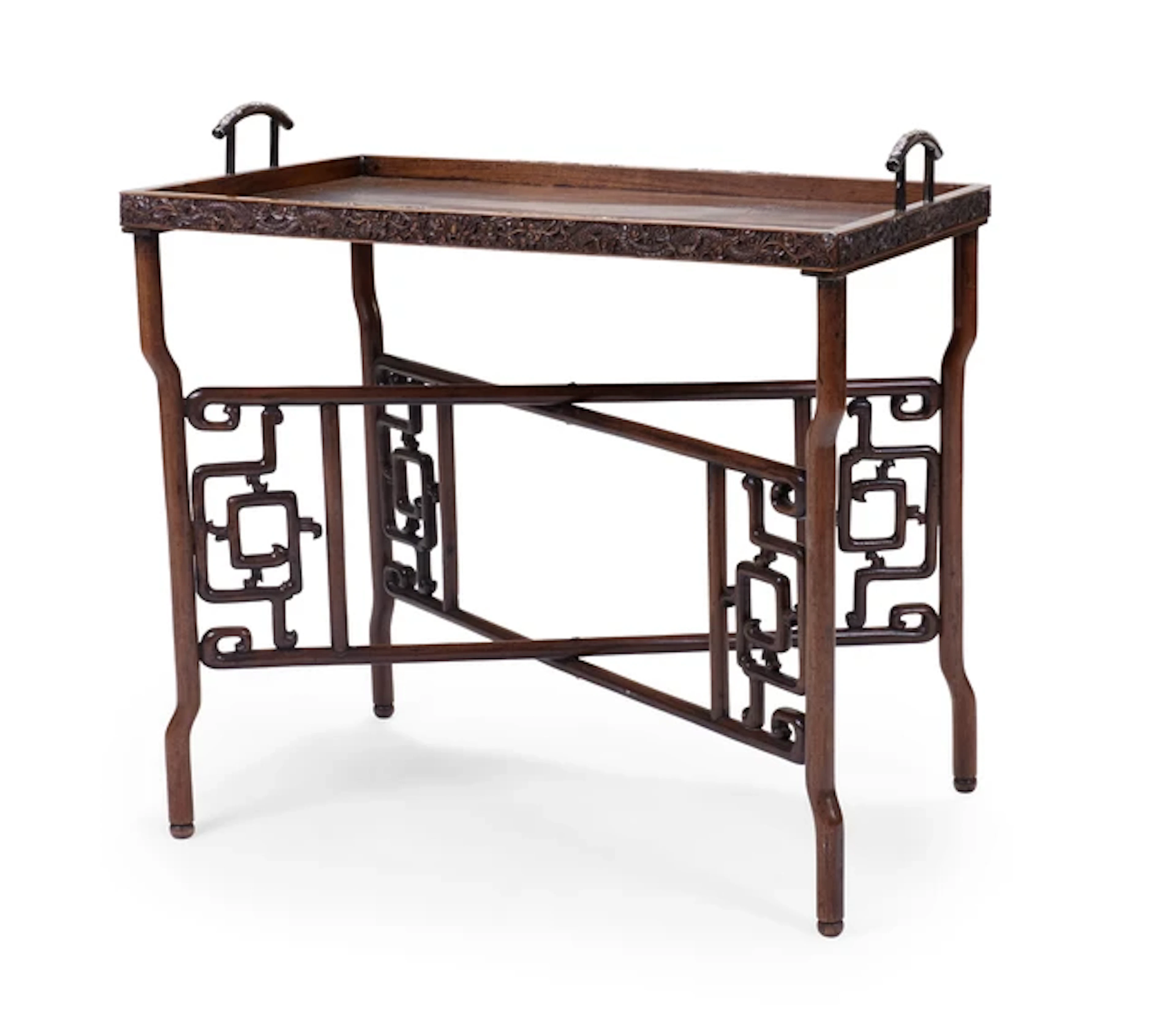 A Chinese huanghuali silver inlaid tray top folding table...