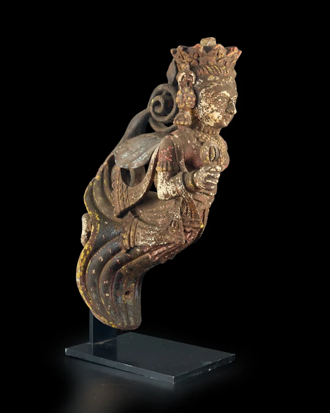 Two large painted wood brackets depicting celestial nymphs