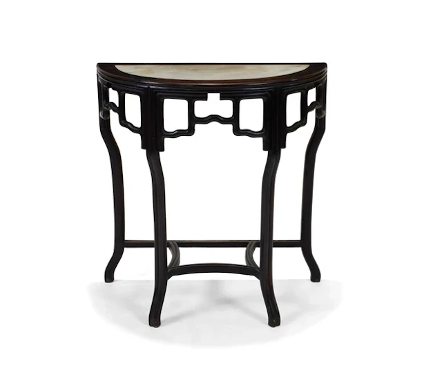 A Chinese marble-inset hongmu demilune console table Late...