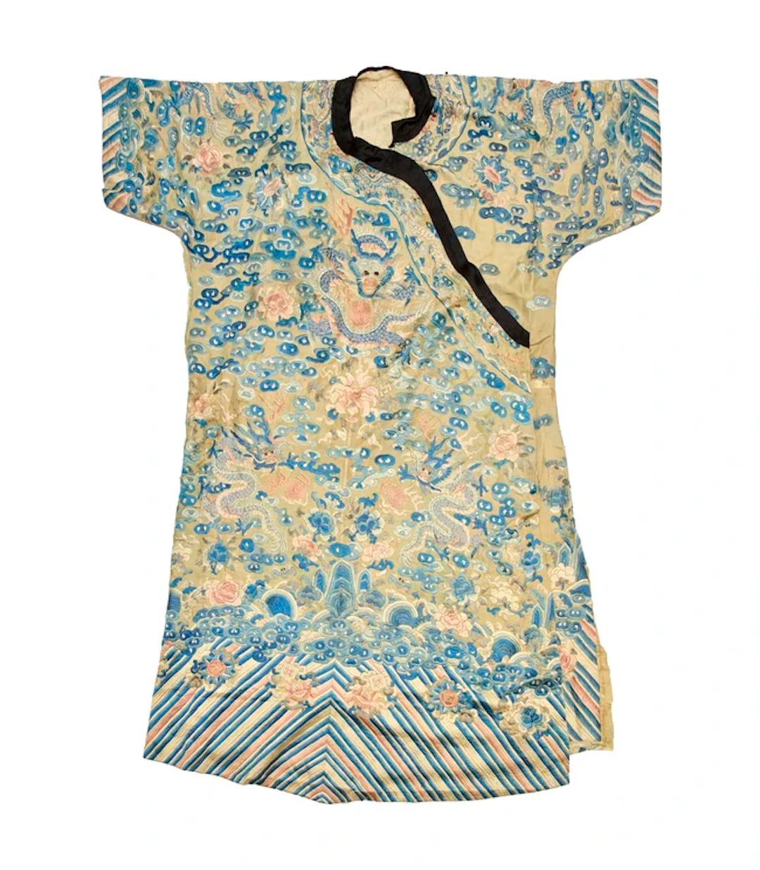 A Chinese cream-yellow ground embroidered silk 'nine...