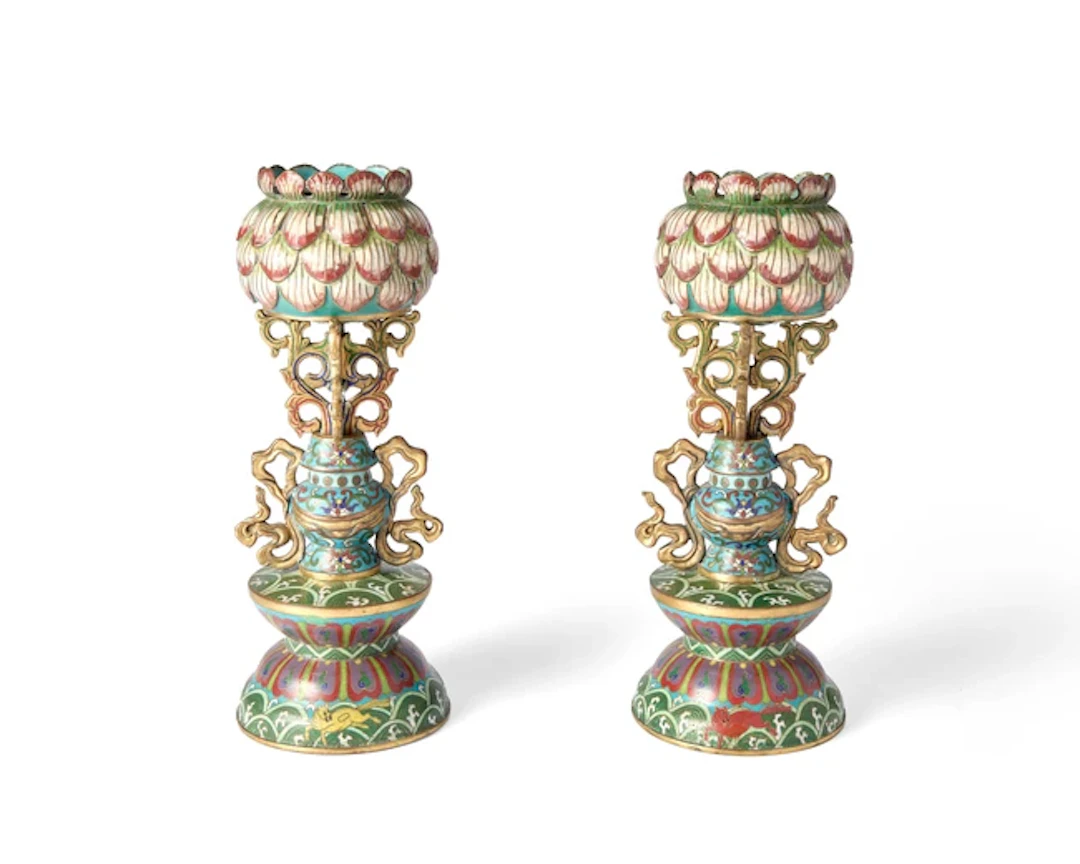 A pair of cloisonné and champlevé stands for Buddhist emblems Qing dynasty