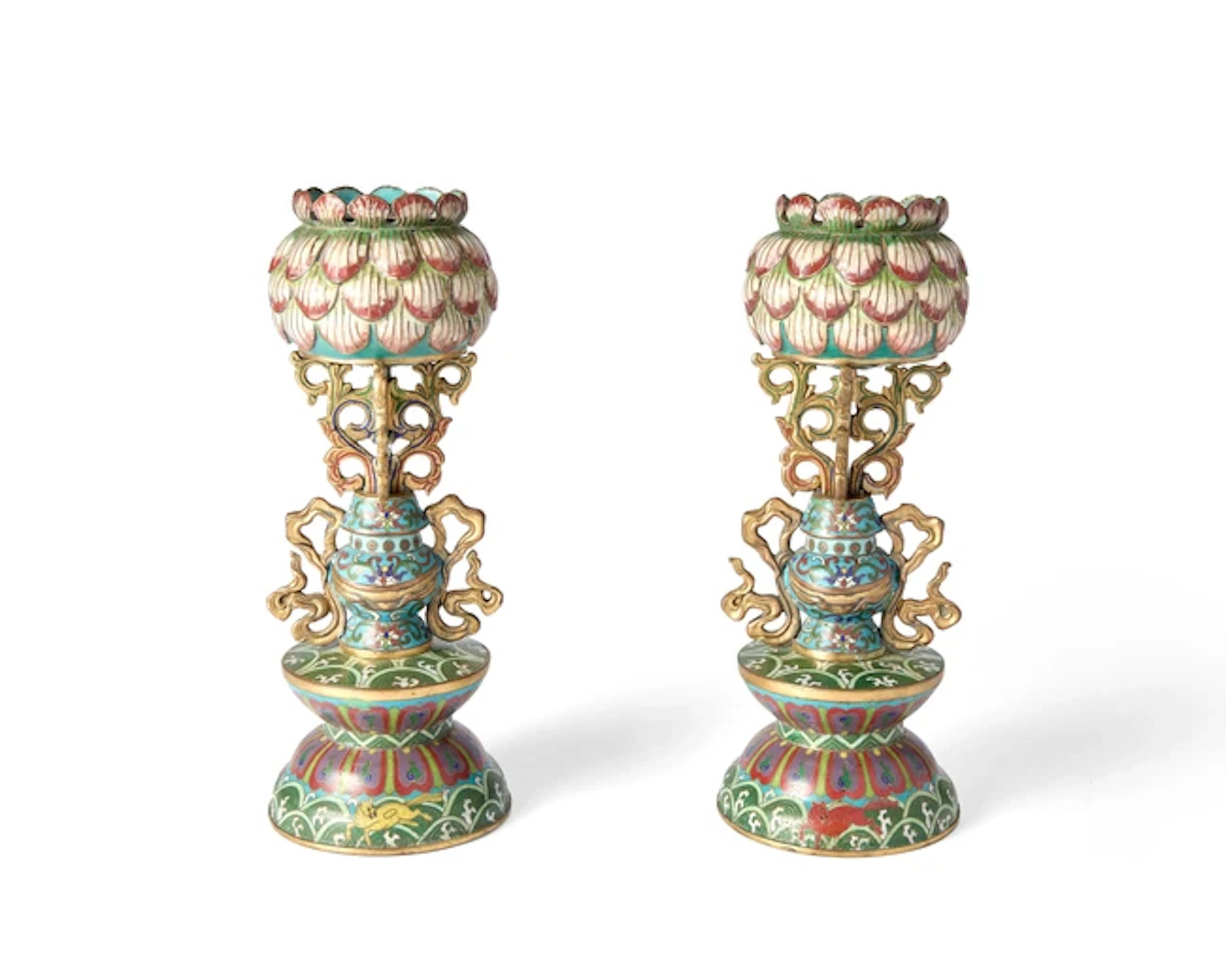 A pair of cloisonné and champlevé stands for Buddhist emblems Qing dynasty