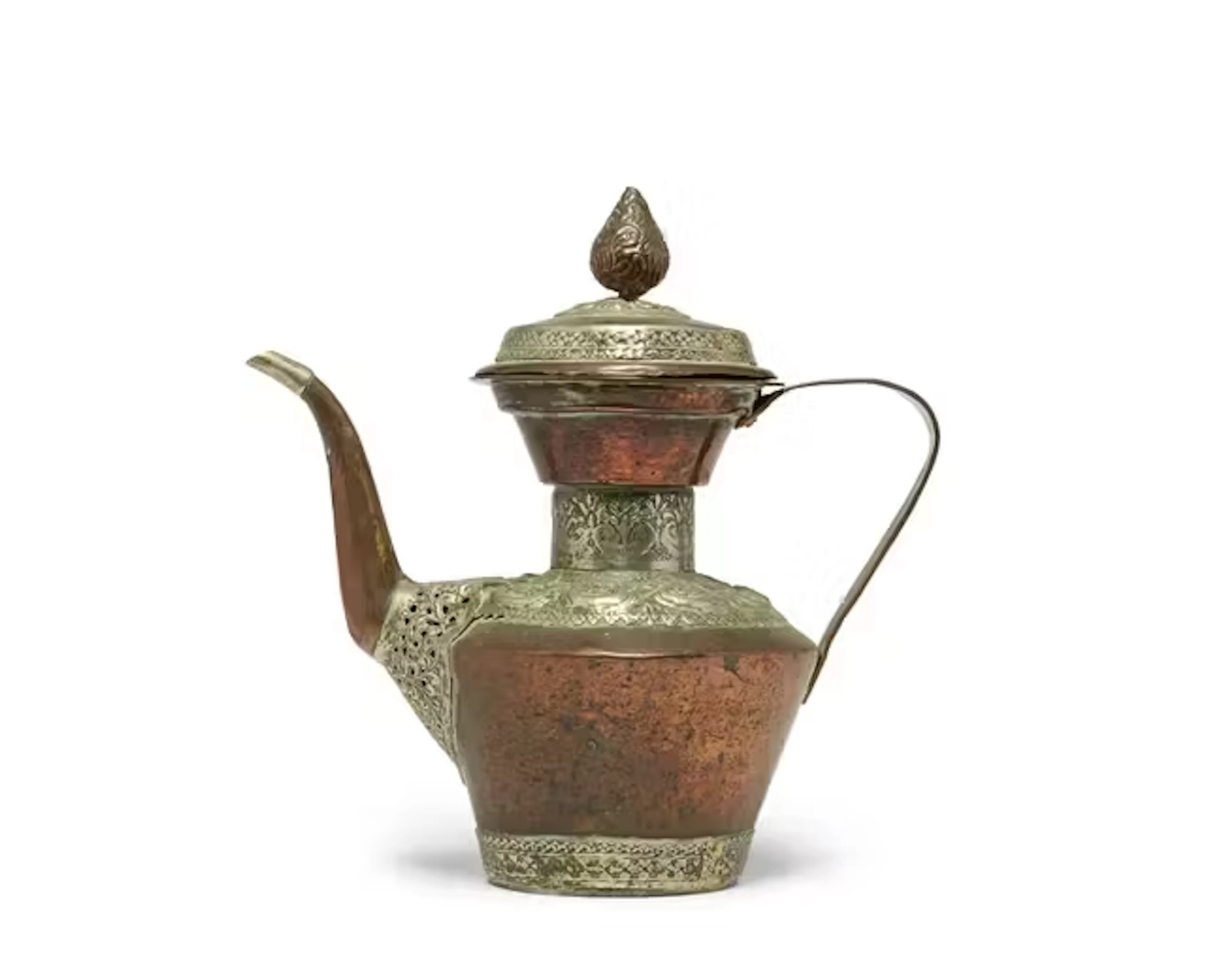A Tibetan silver-mounted copper teapot and cover...