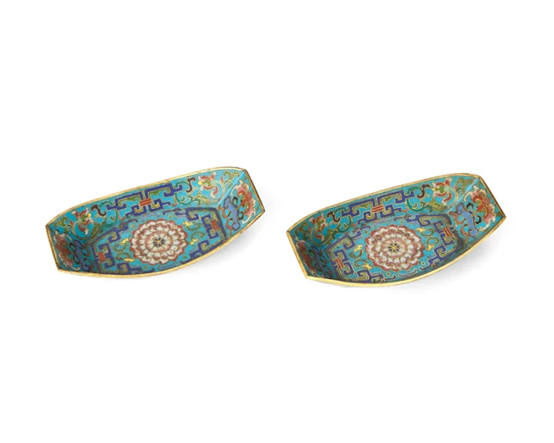 A pair of Chinese cloisonné-enamel ingot-shaped trays Qing dynasty