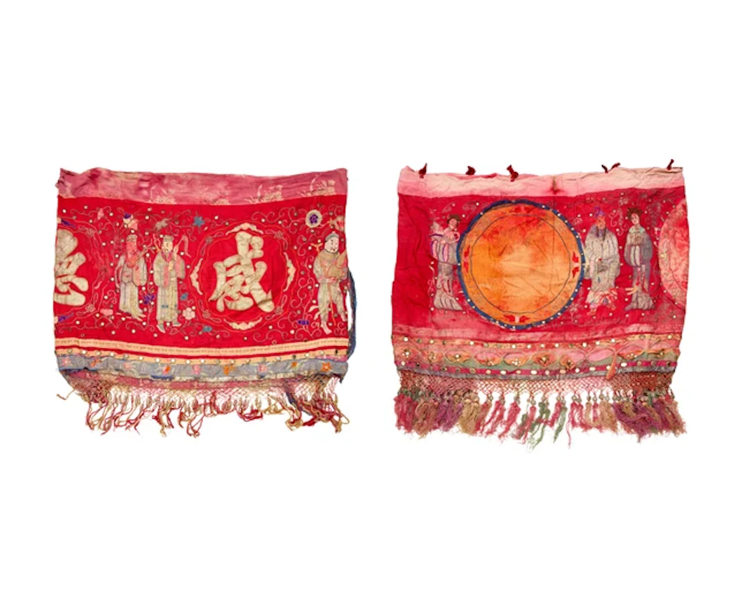A pair of Chinese silk embroidered 'wedding' hangings...