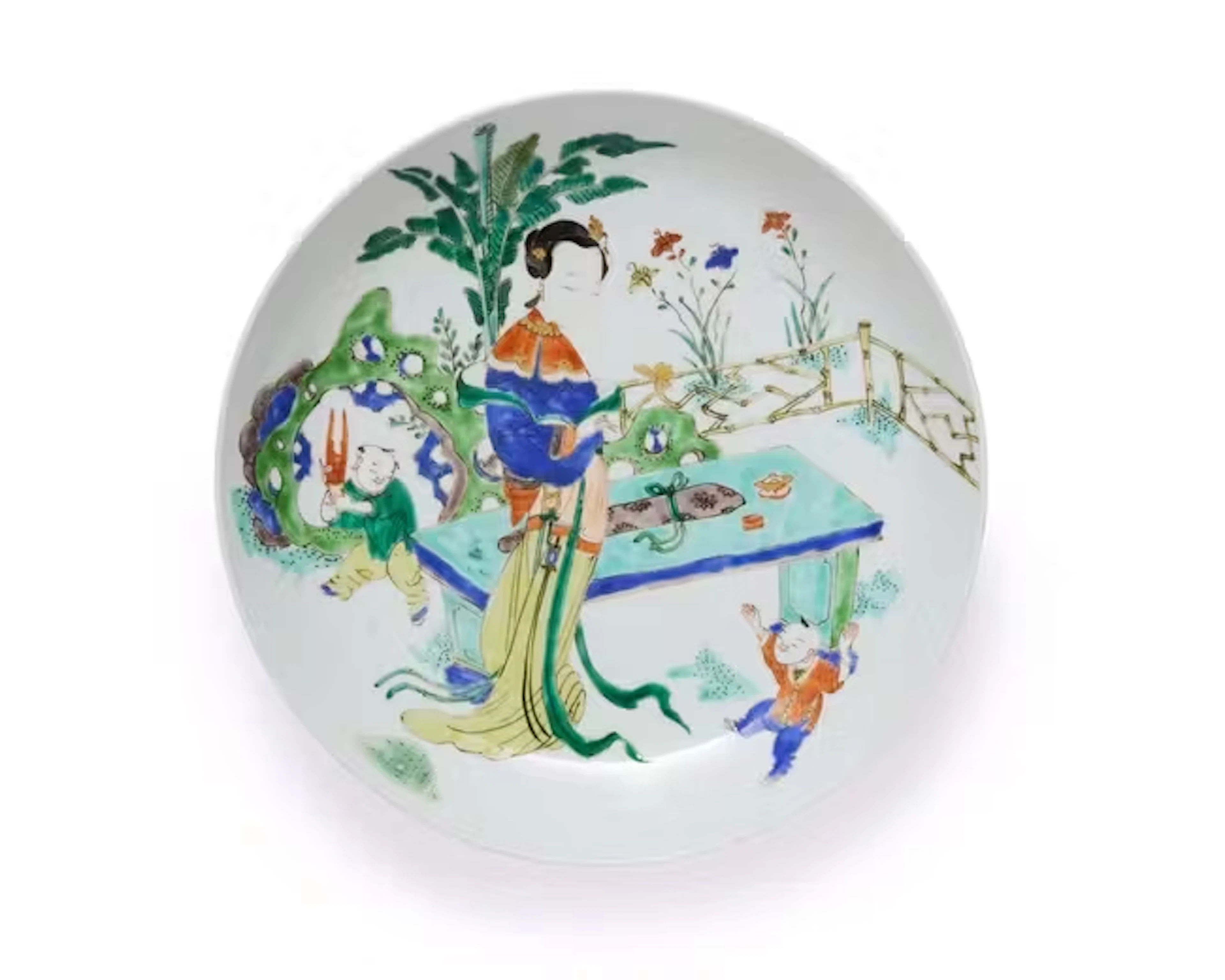 A Chinese famille-verte 'lady and boys' dish Qing dynasty