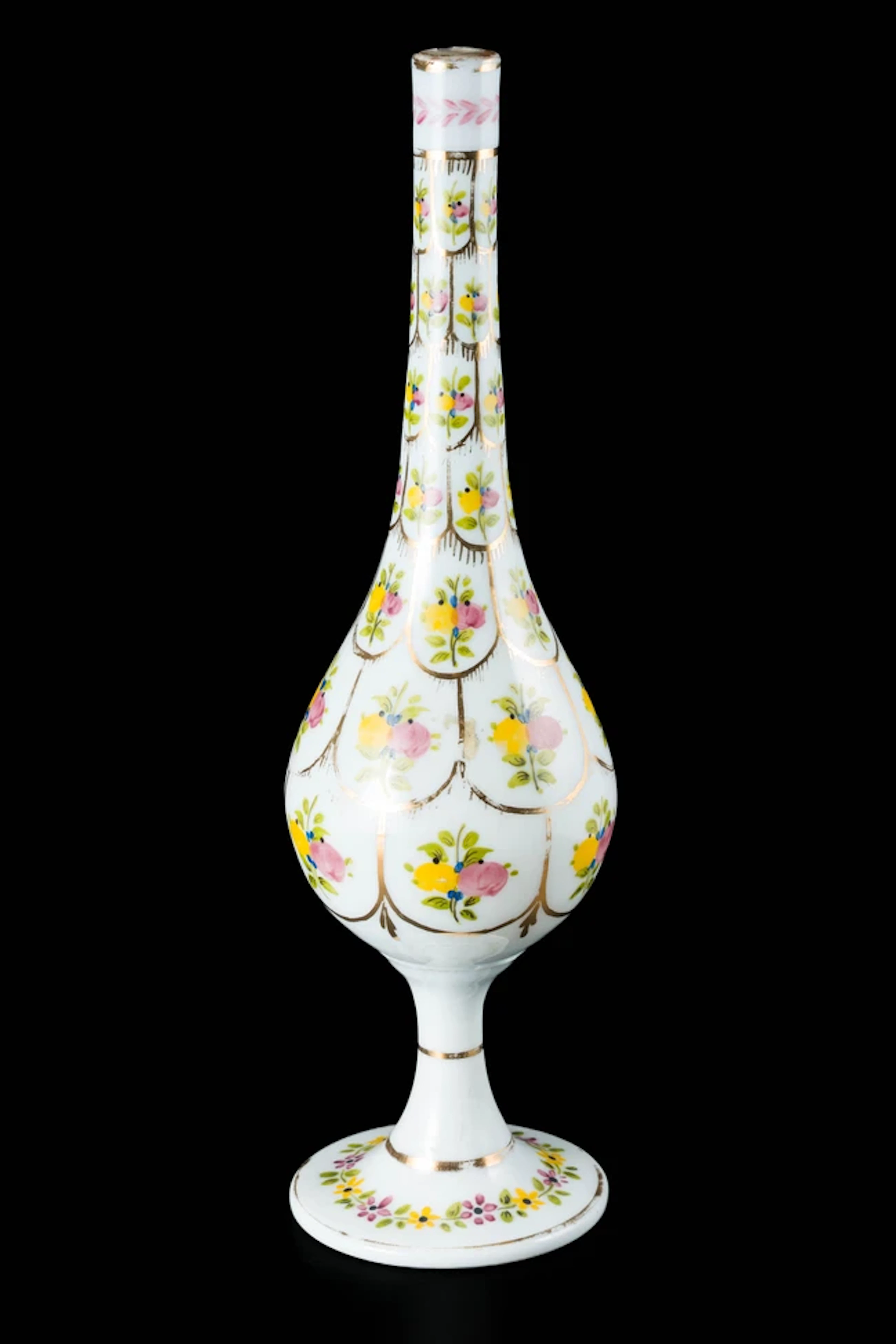 An elongated pyriform Beykoz white opaline glass sprinkler