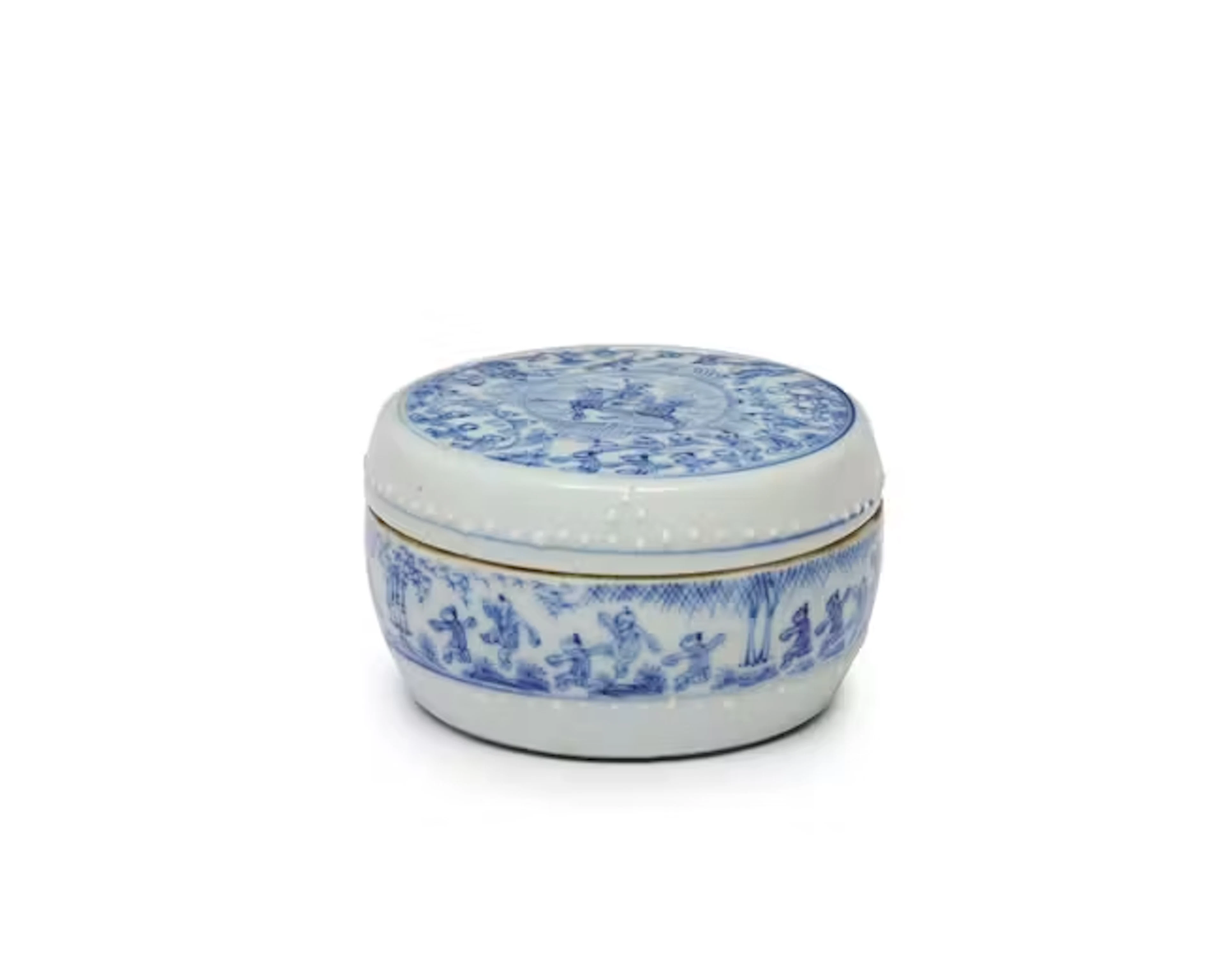 A Chinese blue and white drum-shaped 'Qilin and boy' box and cover Qing dynasty