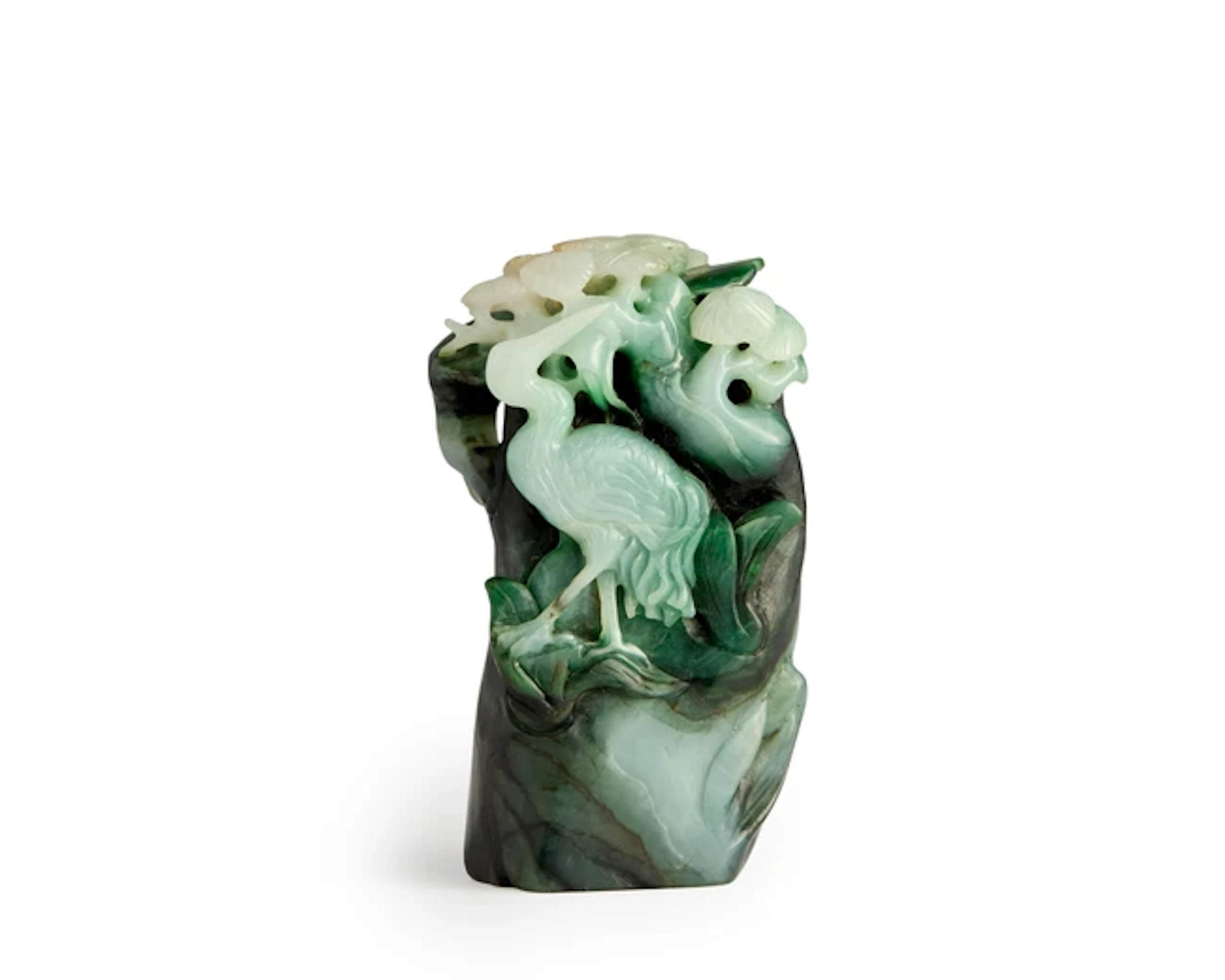 A Chinese spinach and white jade 'crane and pine' group...