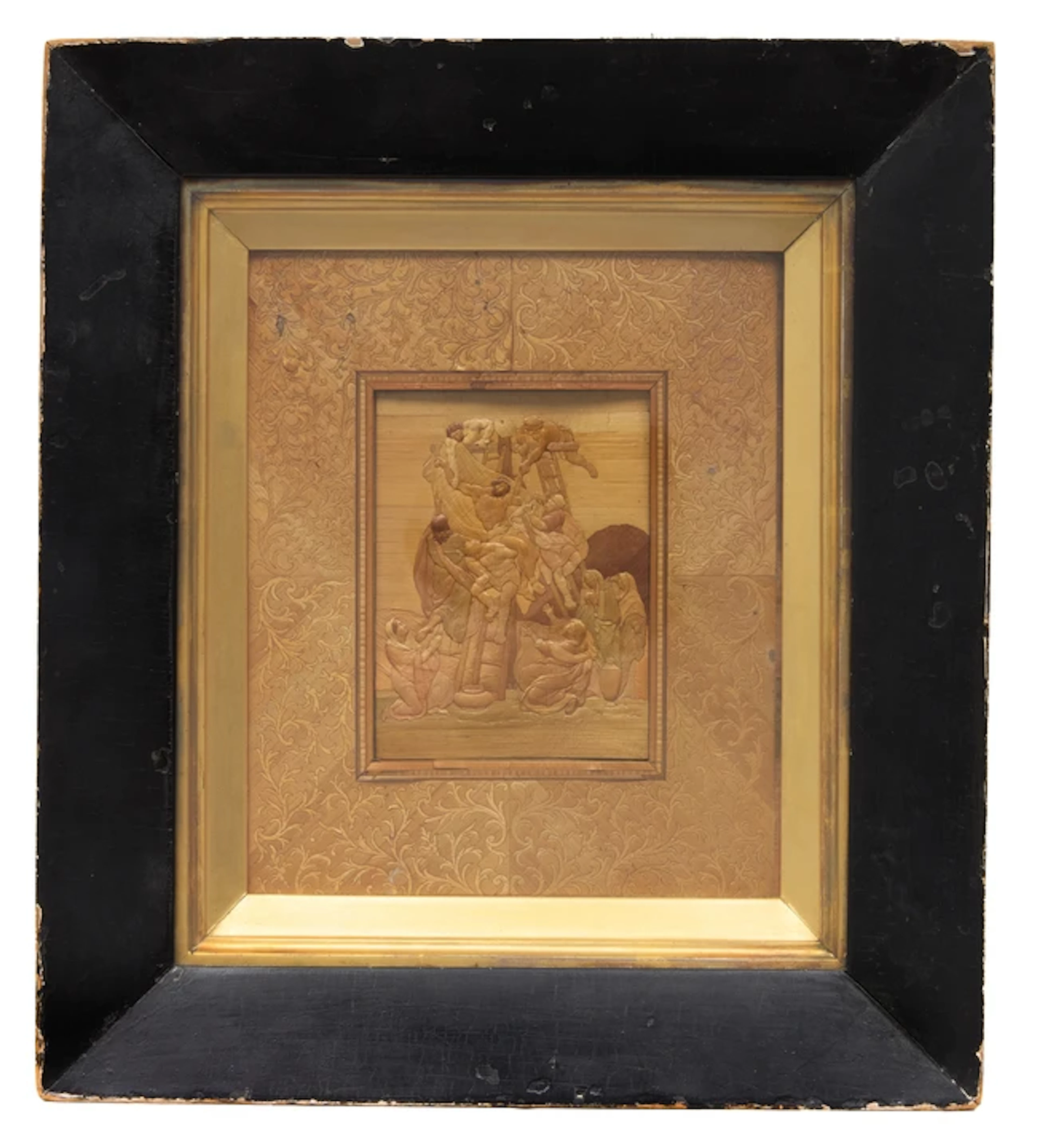 A French straw-work panel depicting the Descent from the Cross
