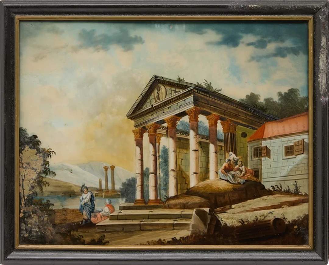 A Grand Tour reverse-glass painting of a temple ruin