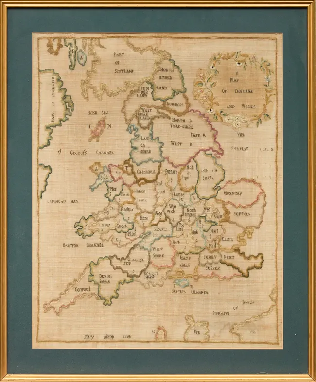 A George III embroidered sampler map of England and Wales
