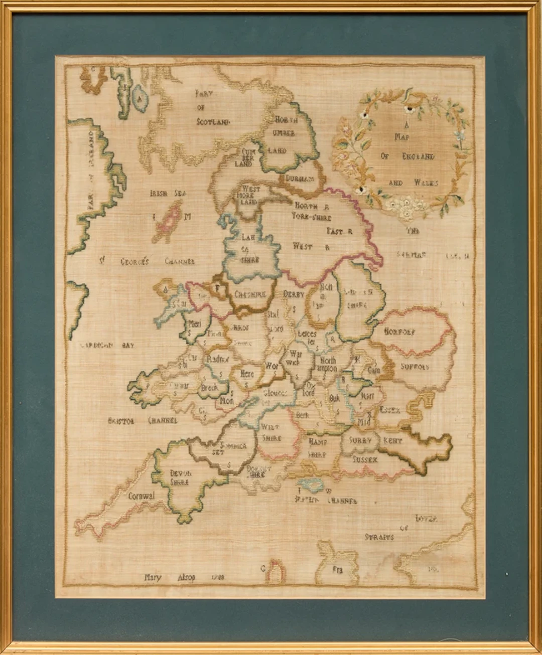 A George III embroidered sampler map of England and Wales