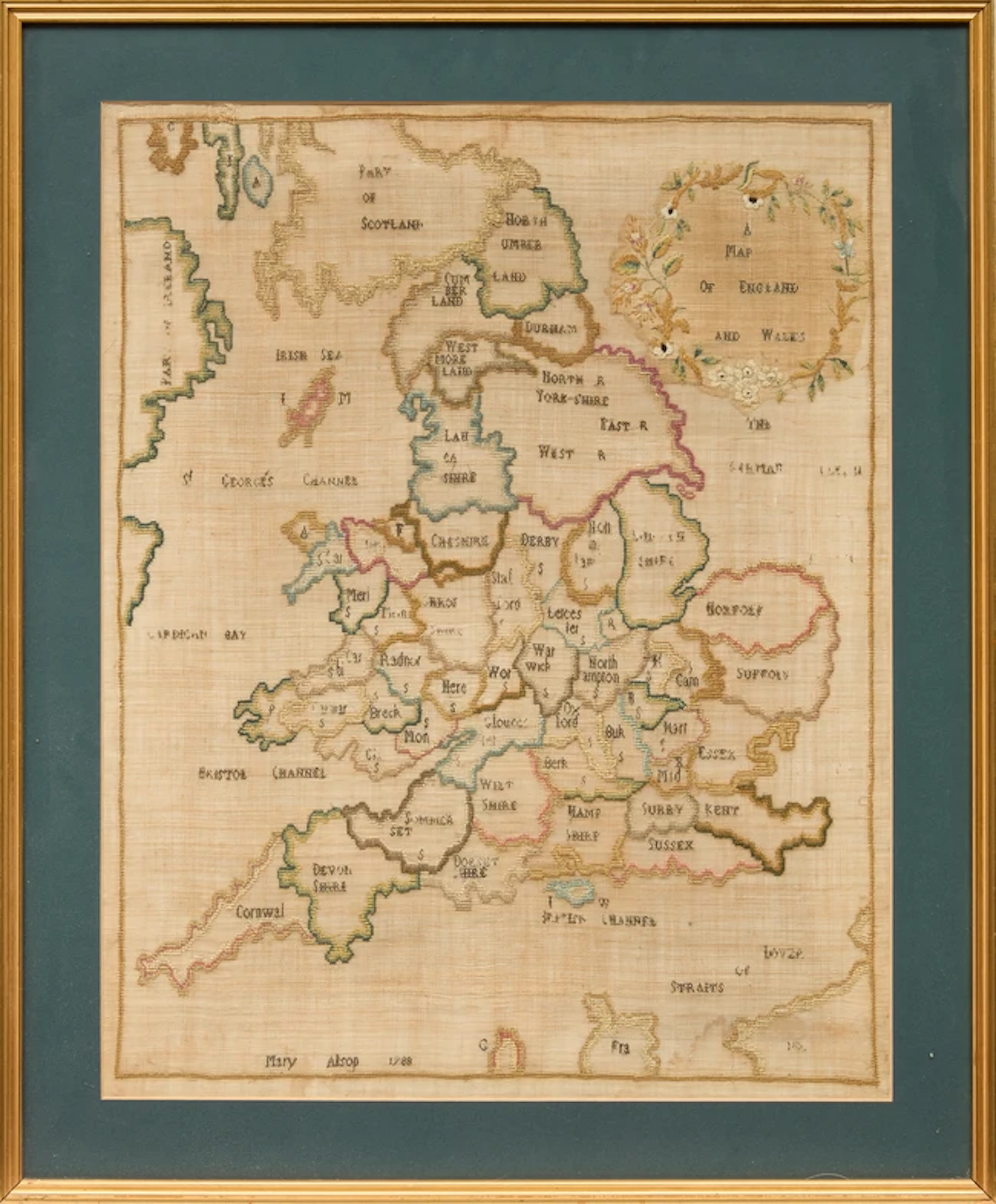 A George III embroidered sampler map of England and Wales