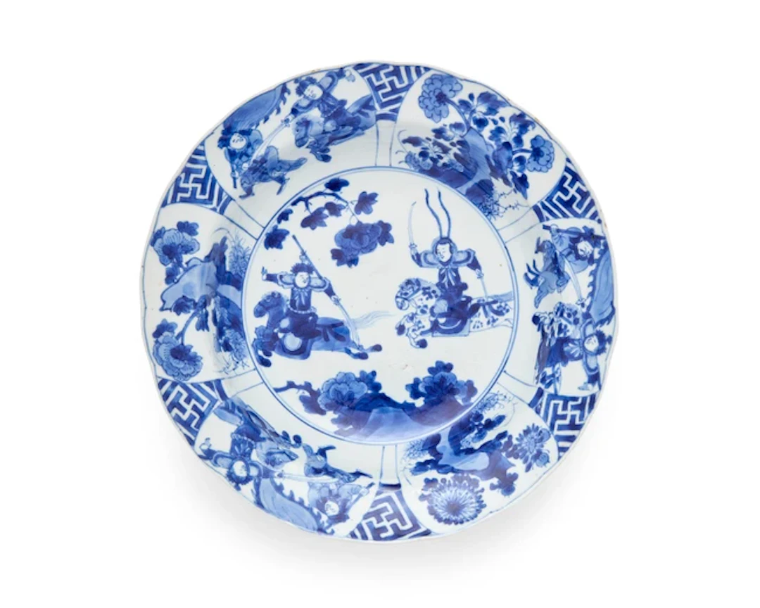 A Chinese blue and white 'warriors' dish Qing dynasty
