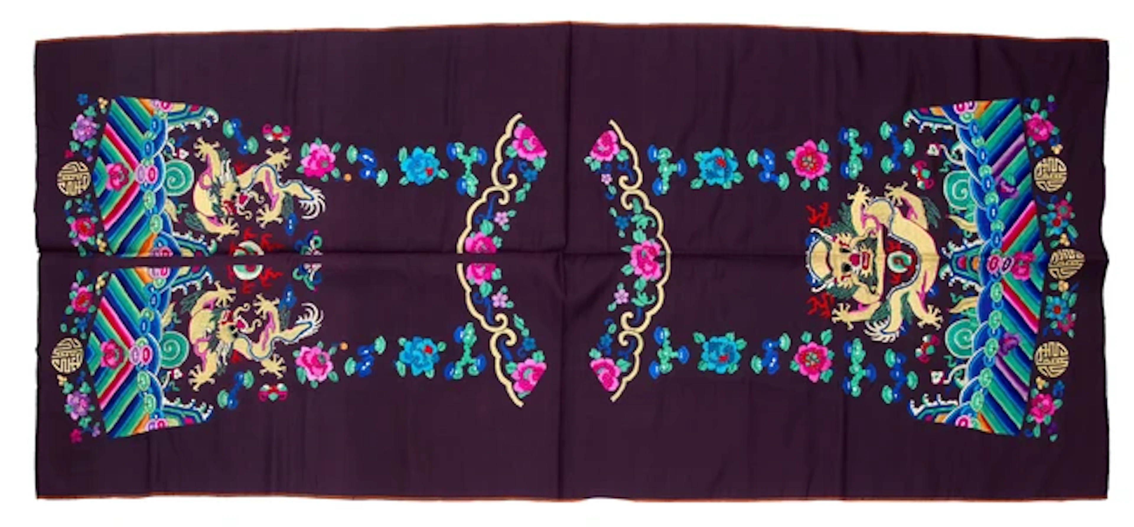 A Chinese uncut embroidered aubergine ground child's...