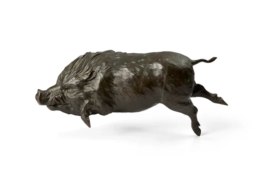 A Japanese bronze okimono of a boar Meiji period The wild...