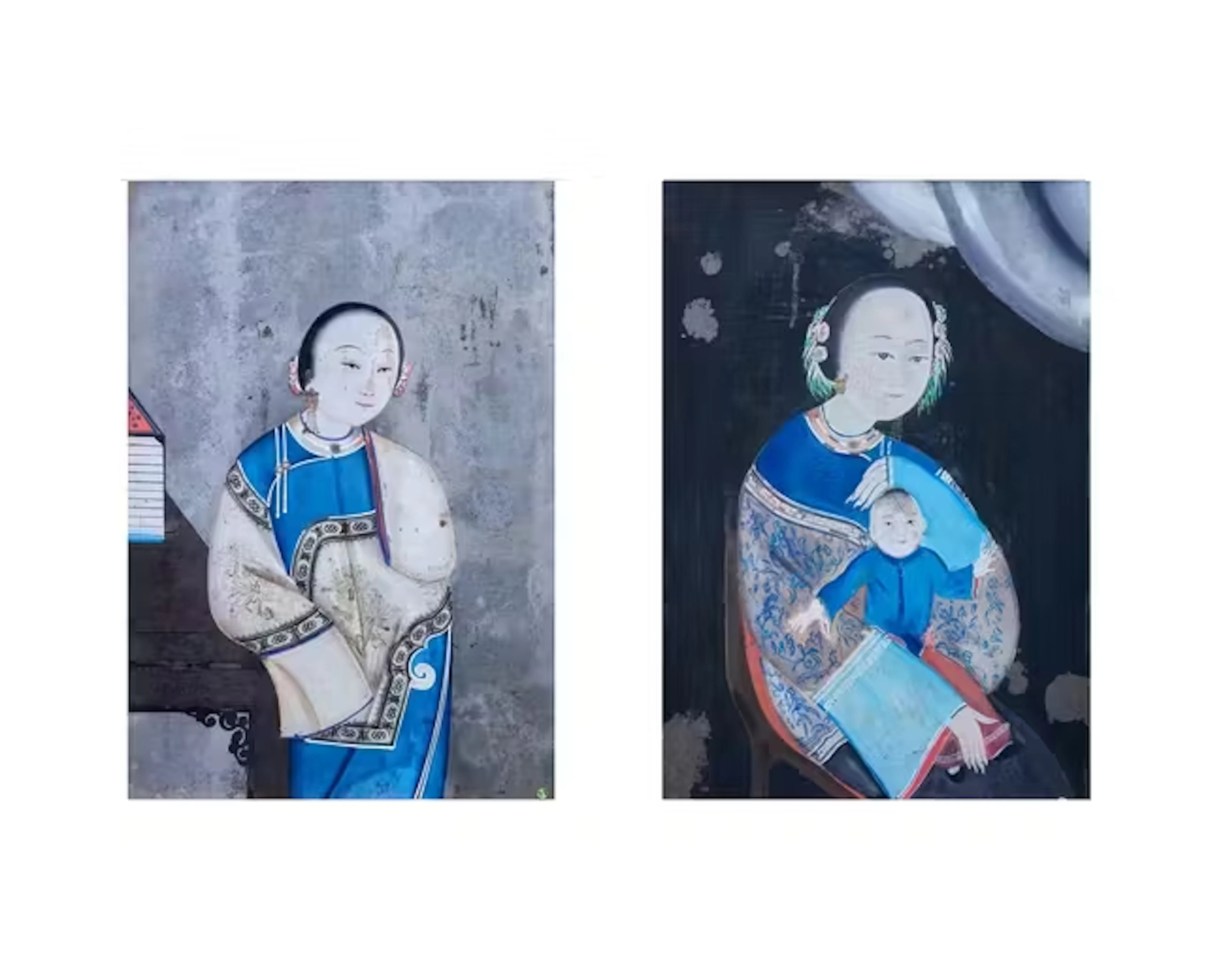 Two Chinese reverse glass paintings of Lady and boy Qing dynasty