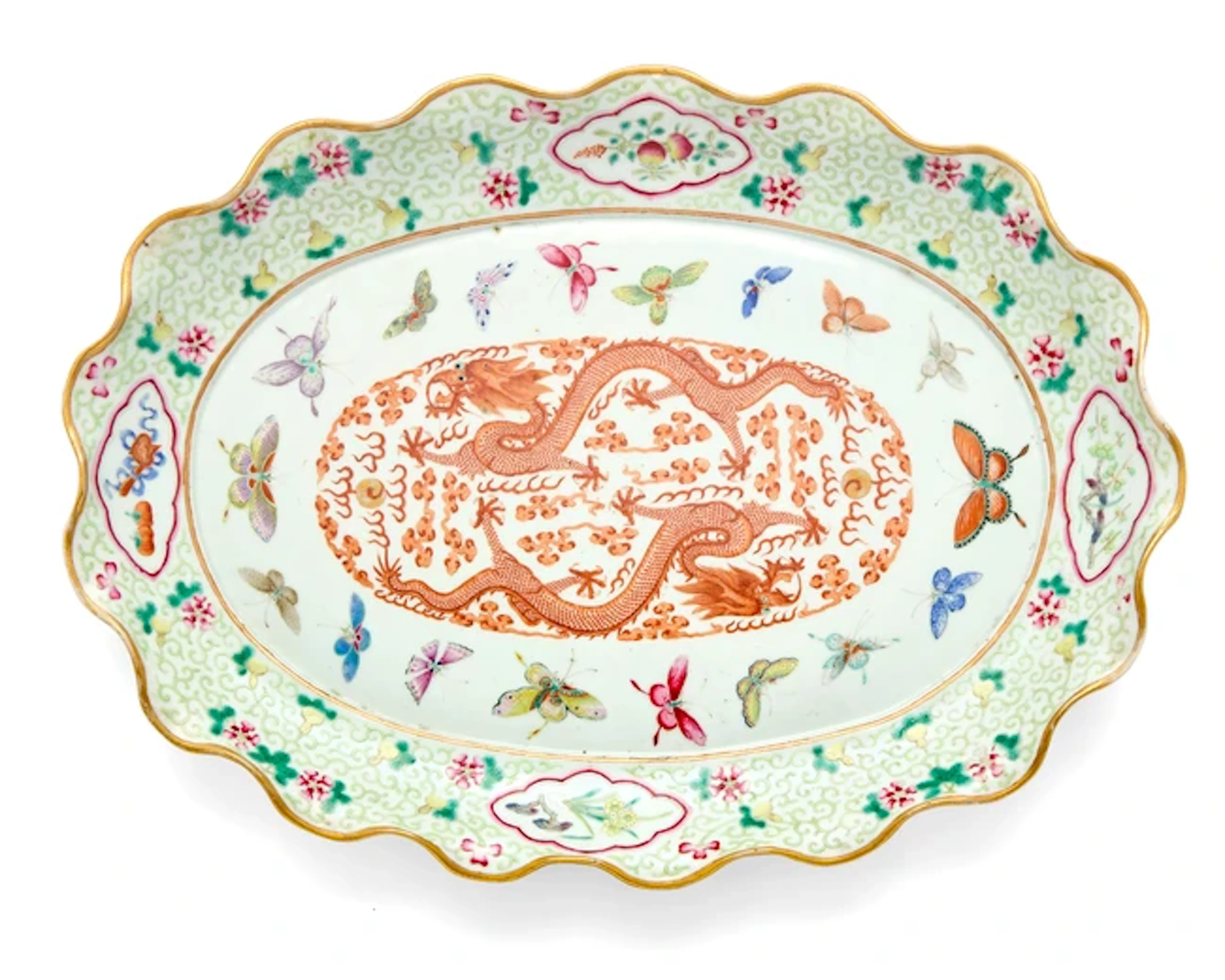A large Chinese famille rose and iron red foliate rim oval dish Qing dynasty