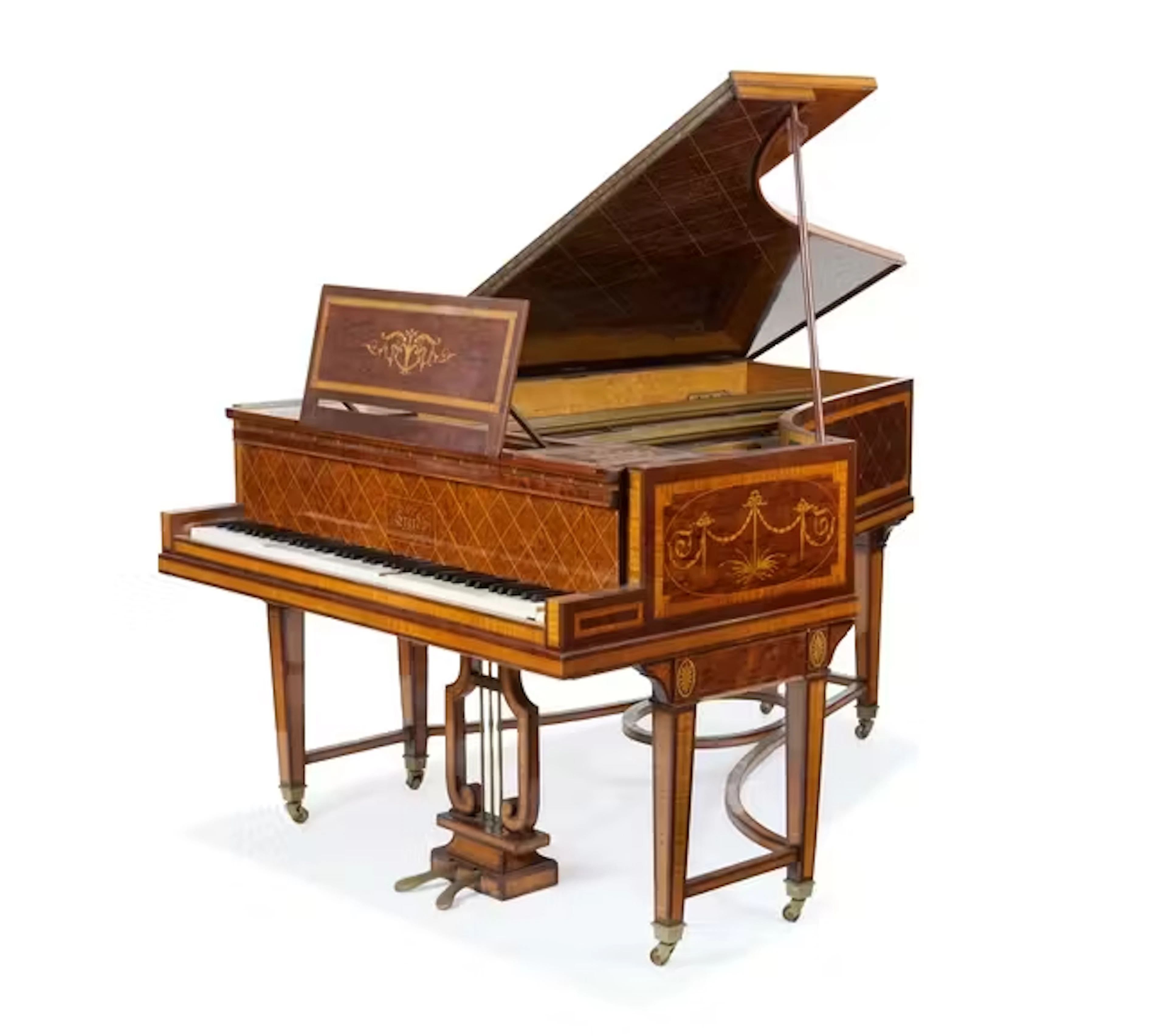 A French satinwood crossbanded marquetry and mahogany baby grand piano by Erard