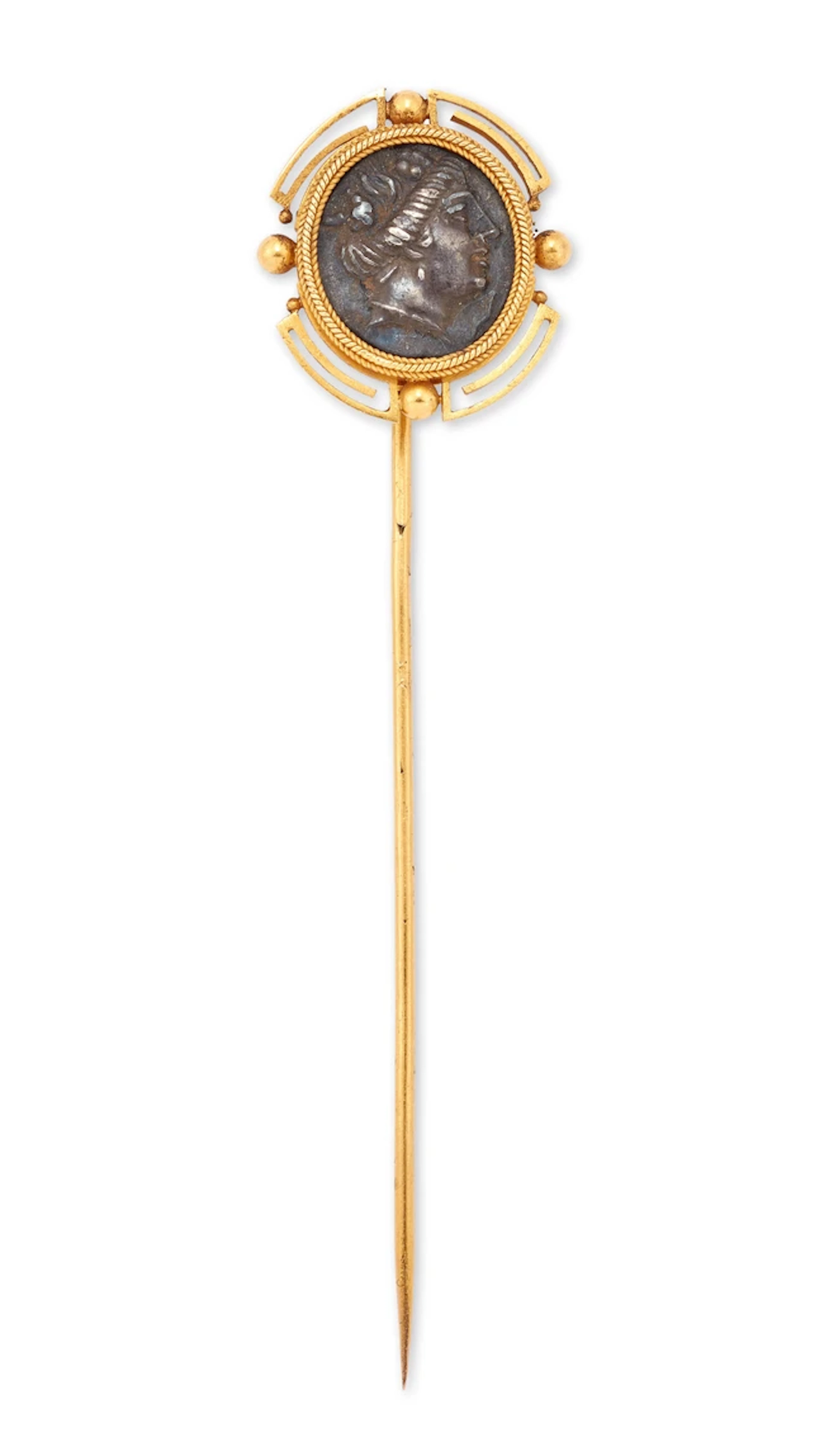 A 19th century French gold mounted ancient Greek style coin stick pin
