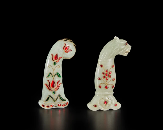 Two modern Mughal-style paste or glass inlaid green...