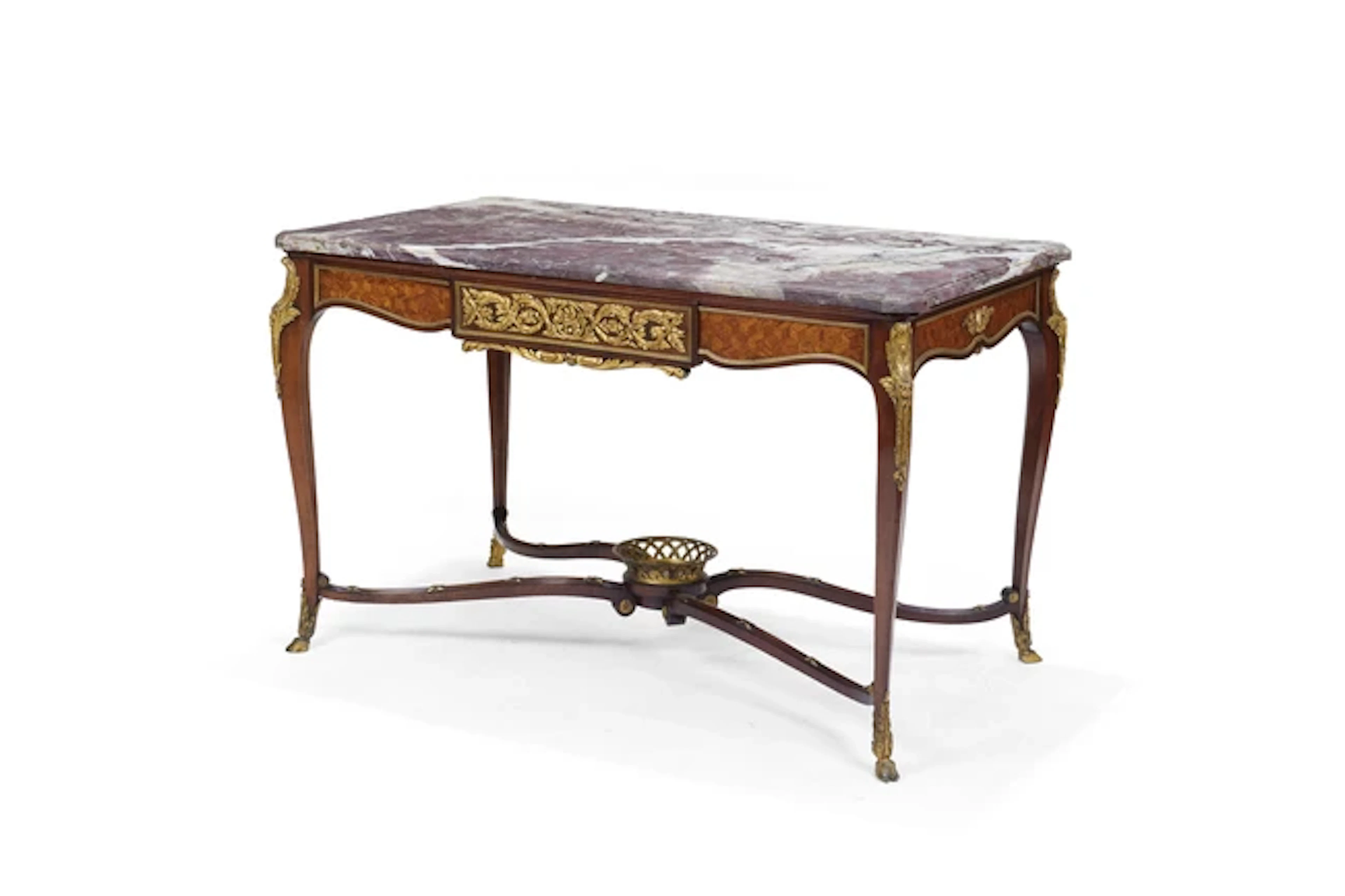 A French gilt-bronze mounted parquetry and mahogany centre table