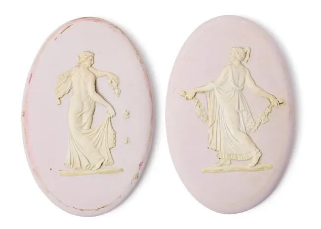 Two Wedgwood (Etruria) lilac Jasperware oval plaques