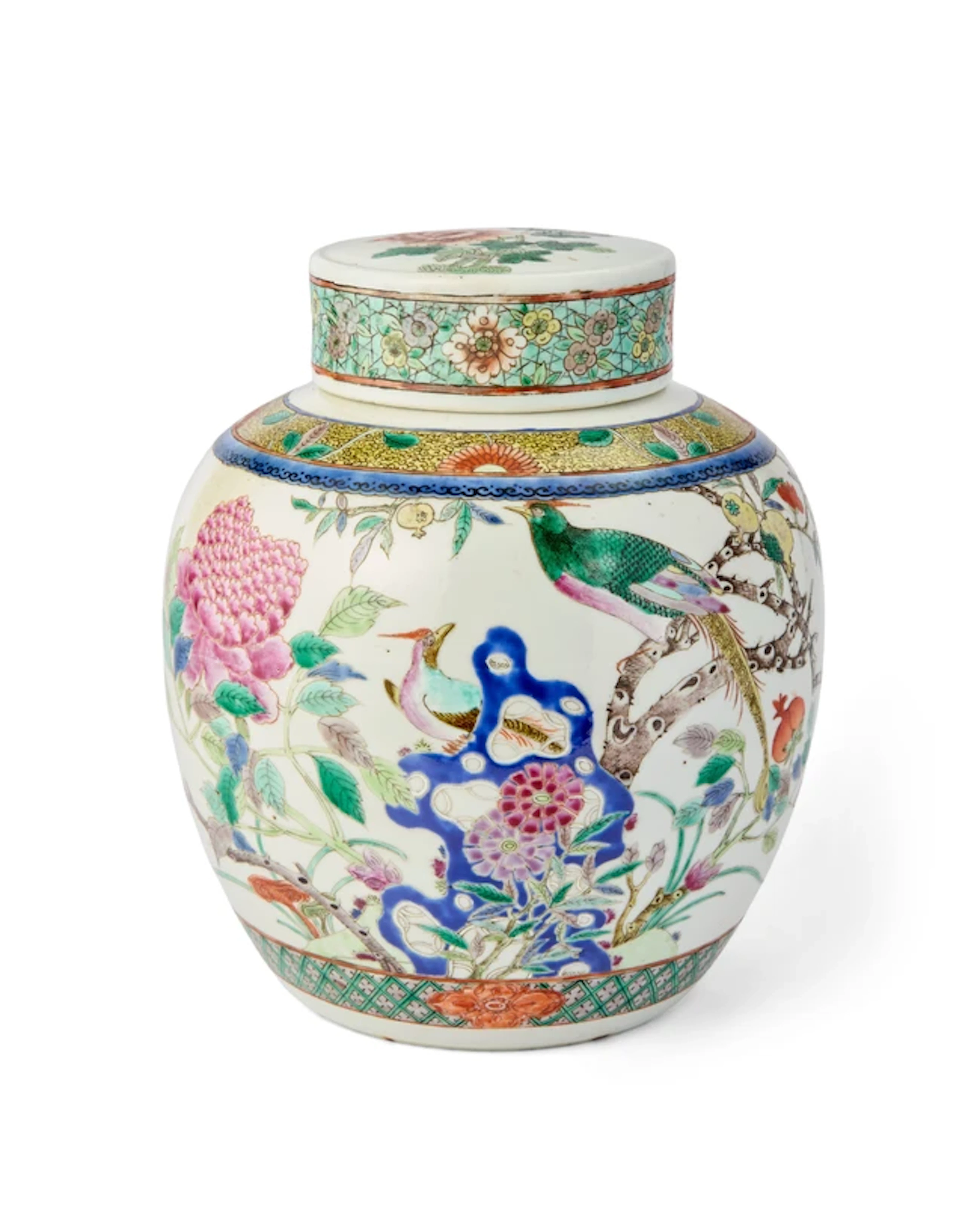 A Chinese famille rose 'bird and flower' jar and cover Qing dynasty