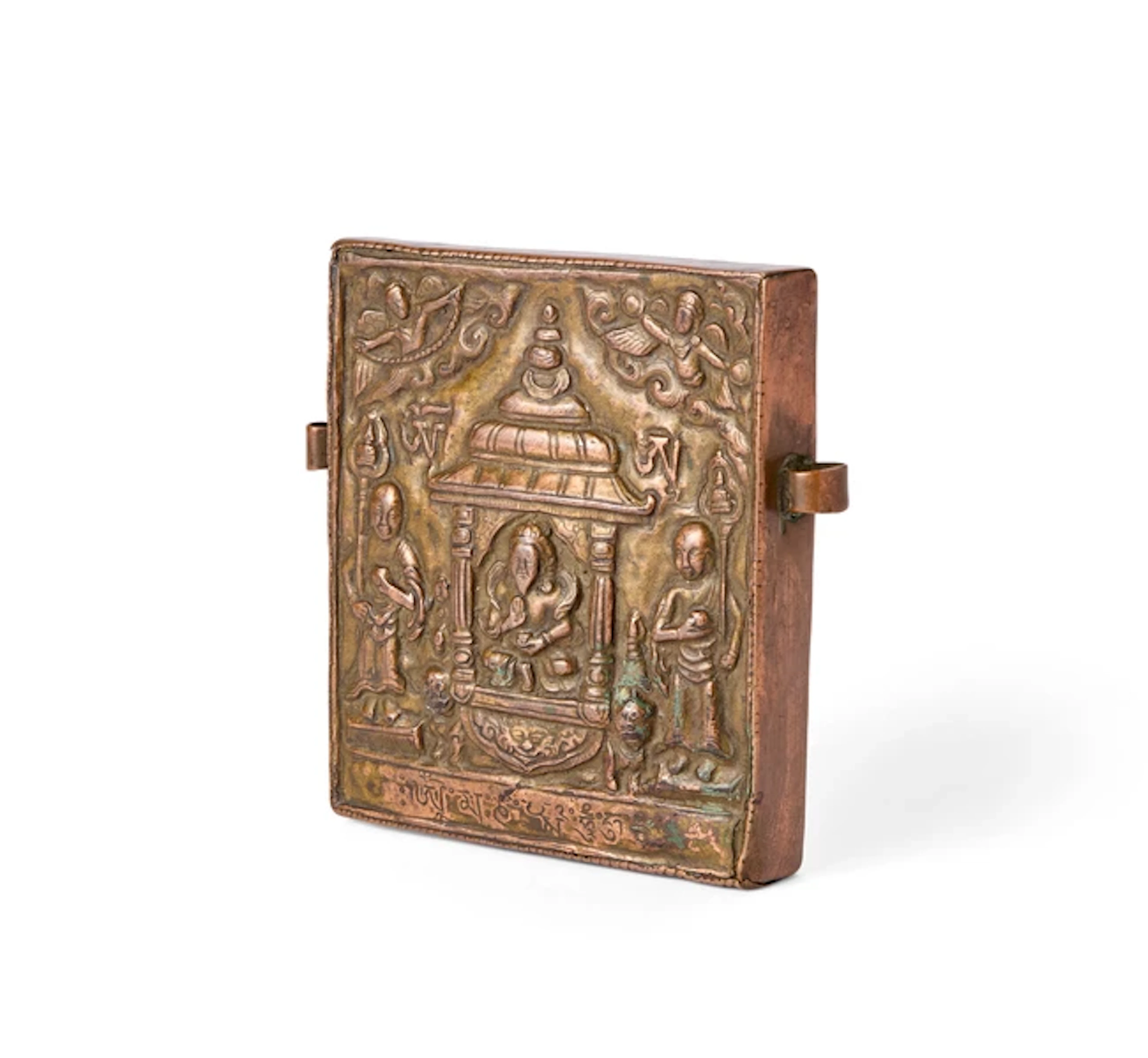 A Tibetan copper repoussé sealed container