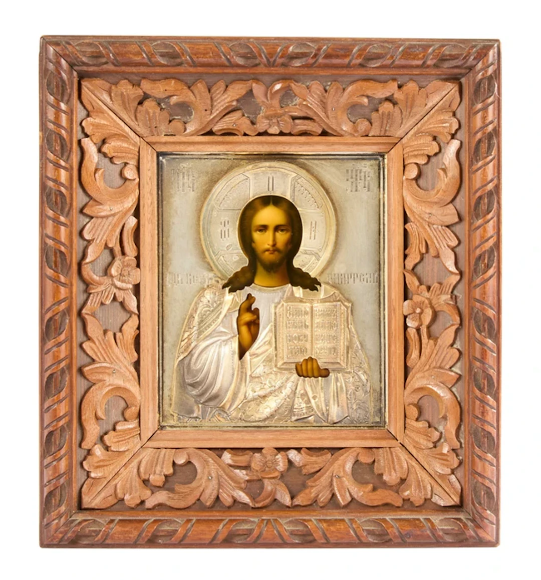 A Russian icon of Christ Pantocrator with silver oklad