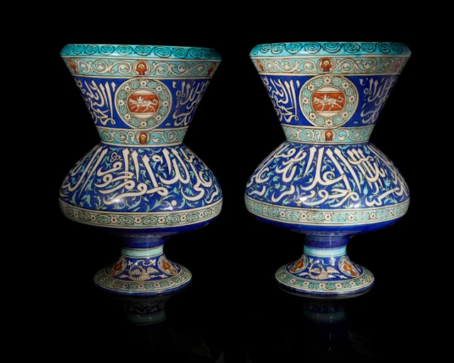 Two pottery mosque lamps