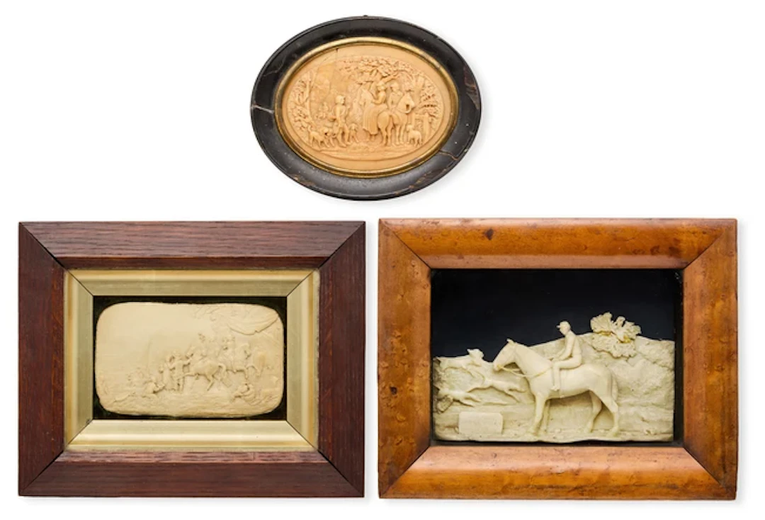 Three wax and composition reliefs of equestrian scenes