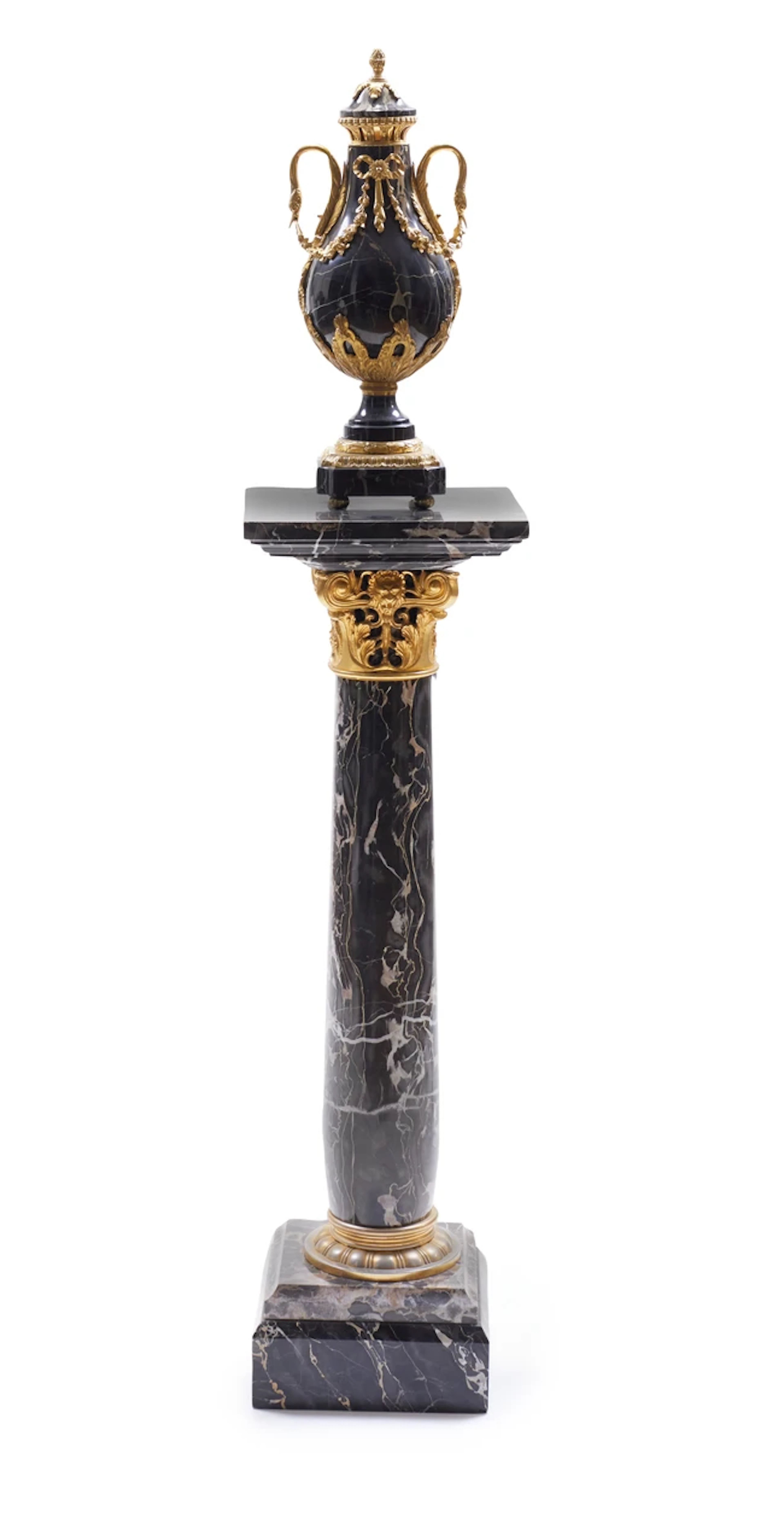 A French gilt-bronze-mounted portoro marble urn and stand