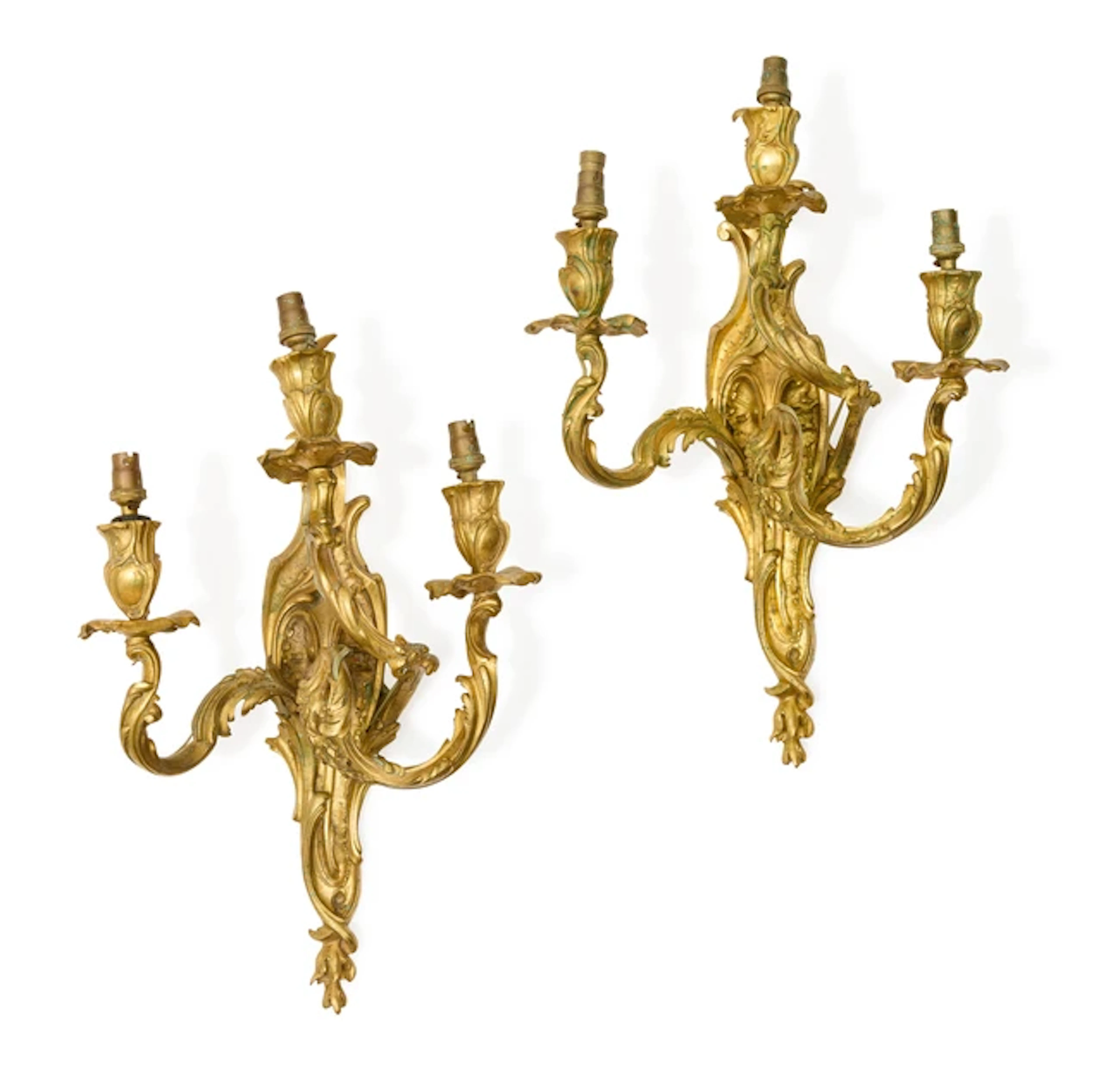 A pair of French gilt-bronze three-light wall appliques