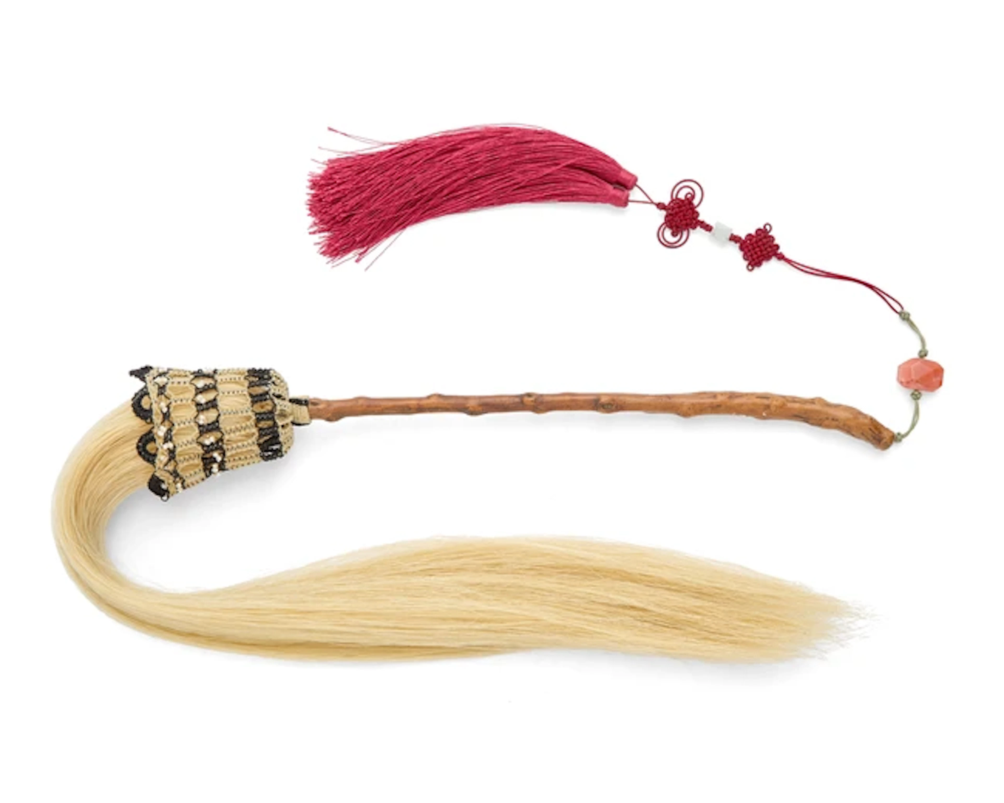 A Chinese beaded root wood fly whisk