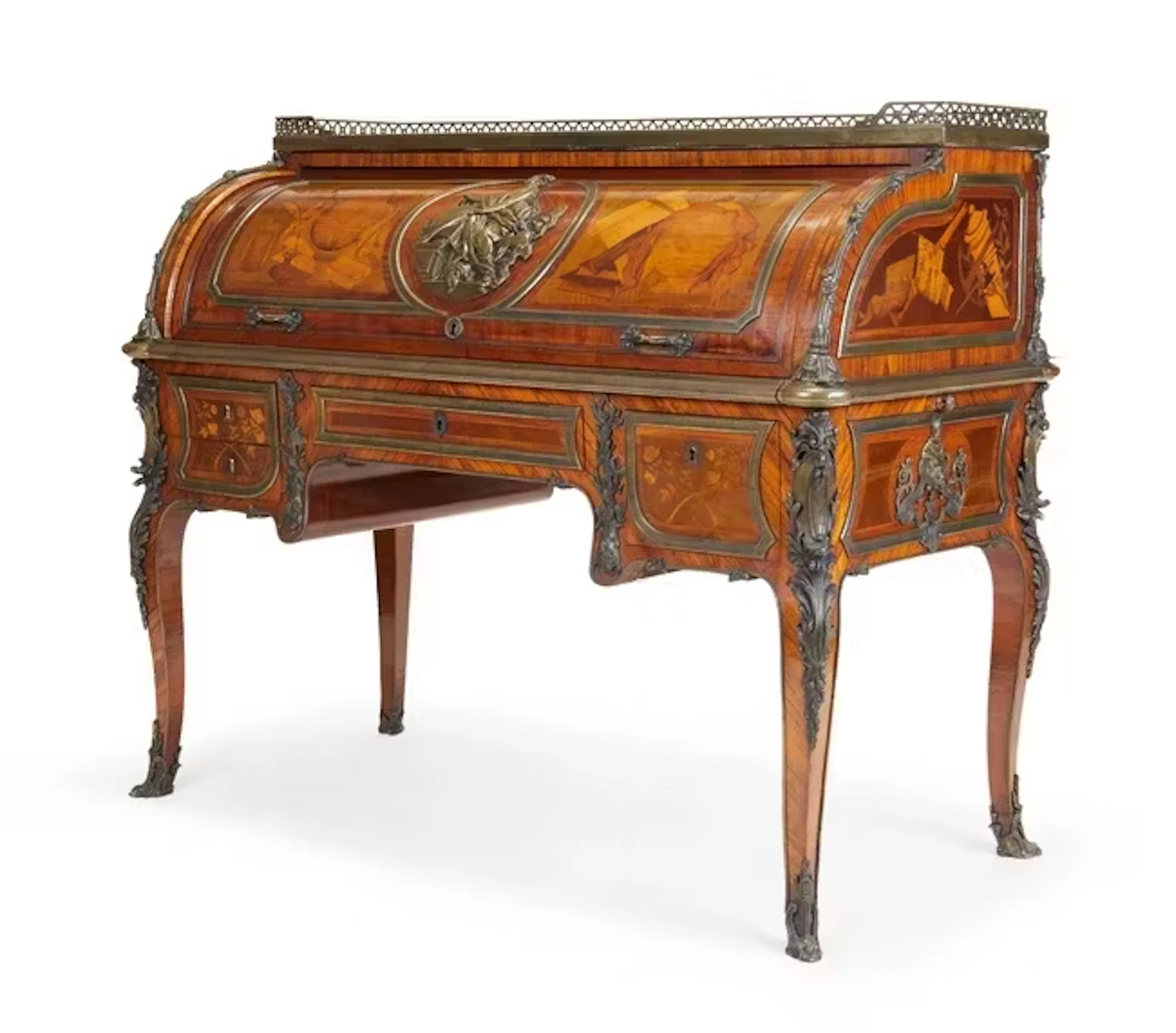 A French gilt-bronze mounted marquetry and kingwood cylinder bureau