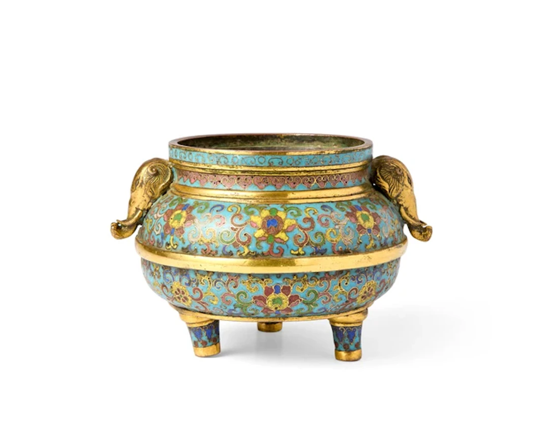 A rare Chinese cloisonné enamel tripod 'lotus' incense burner Qing dynasty