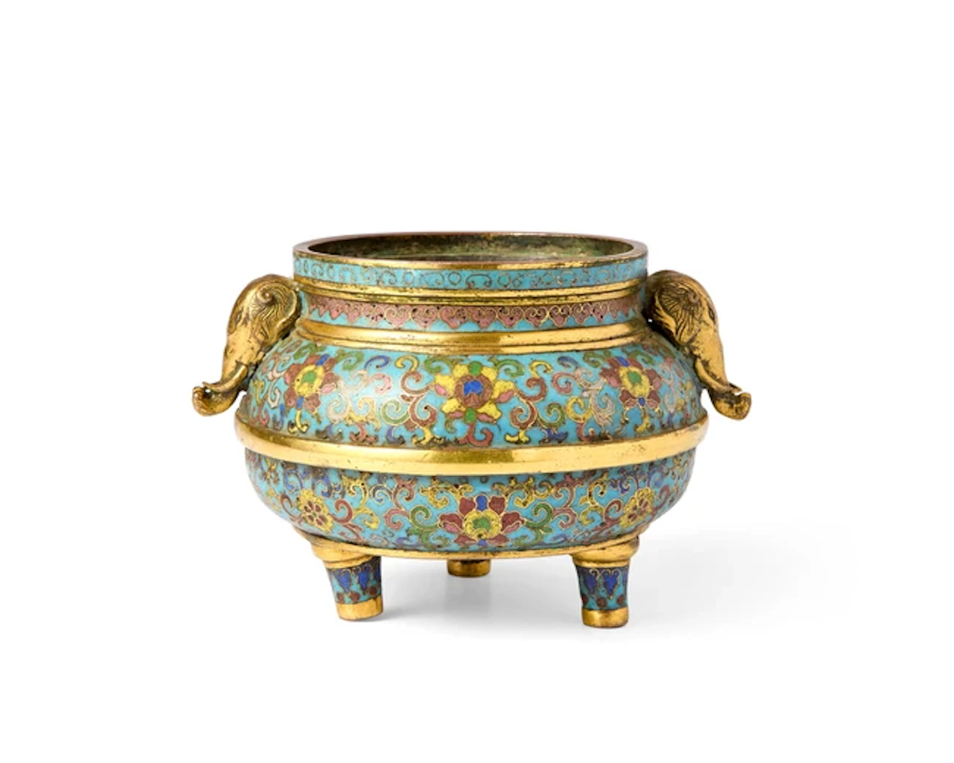 A rare Chinese cloisonné enamel tripod 'lotus' incense burner Qing dynasty