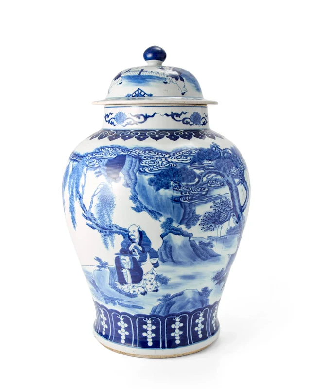 A pair of very large Chinese blue and white ‘Jiang Ziya’...