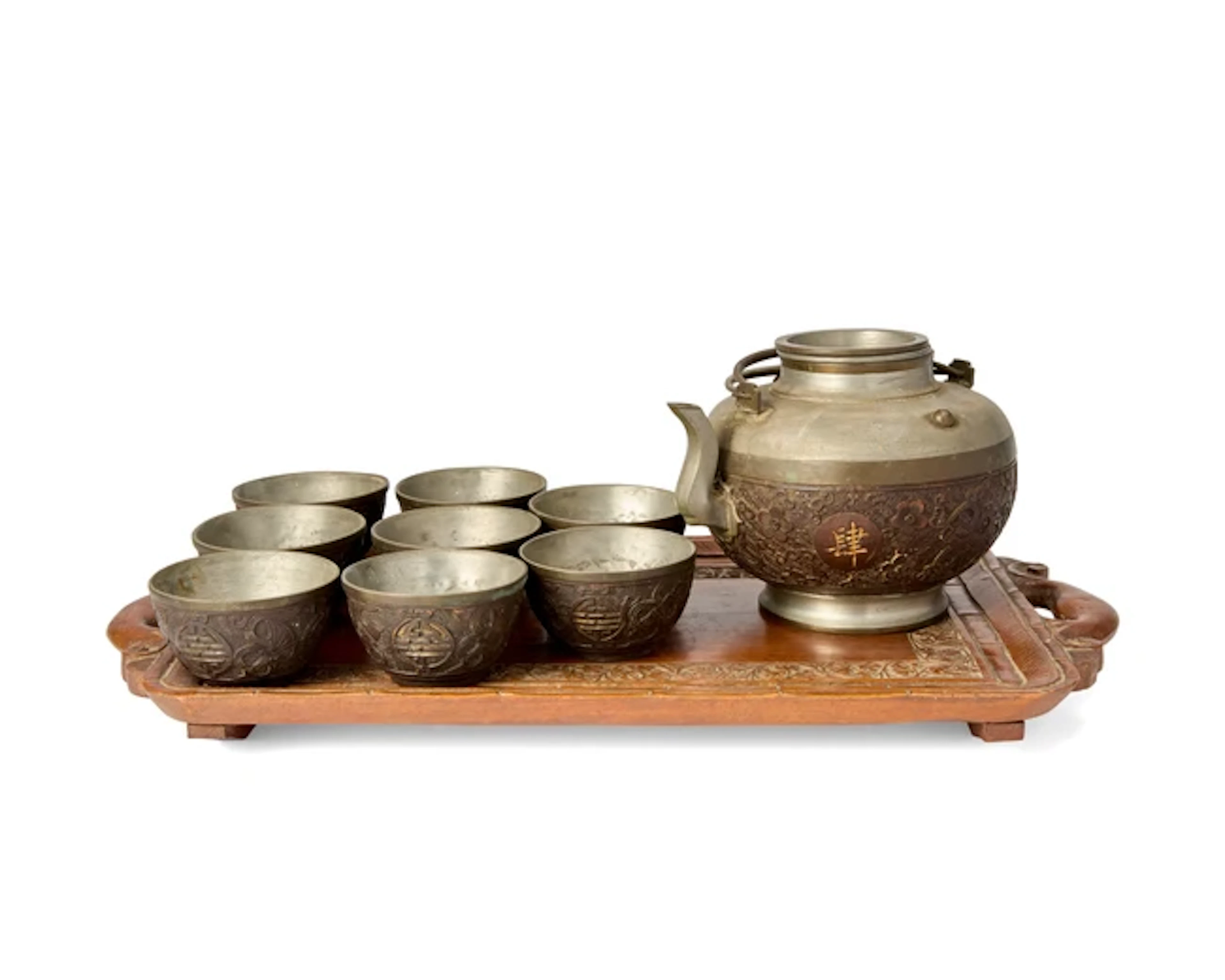 A Chinese pewter and carved coconut tea set Late Qing...