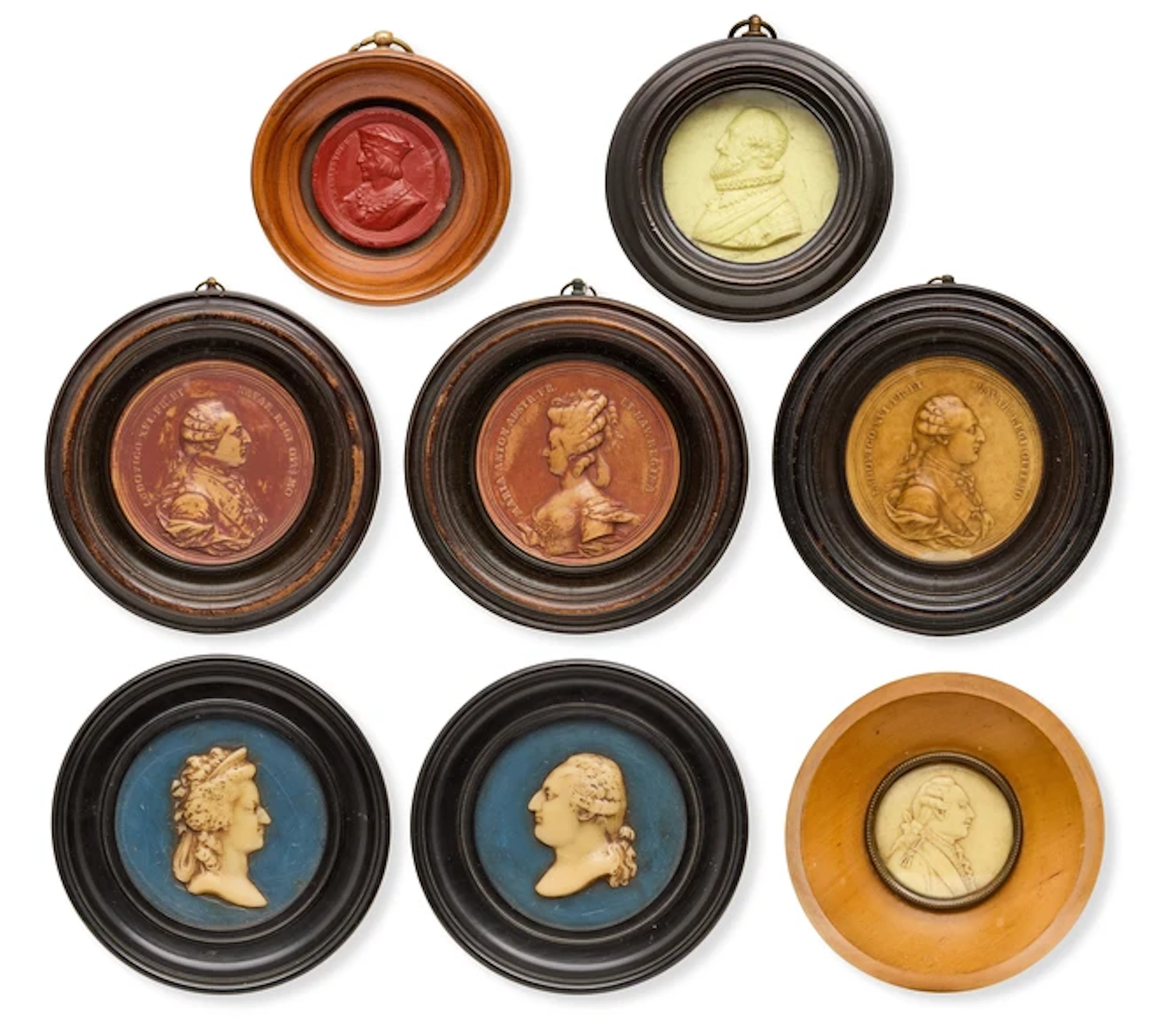 Eight wax reliefs of French monarchs