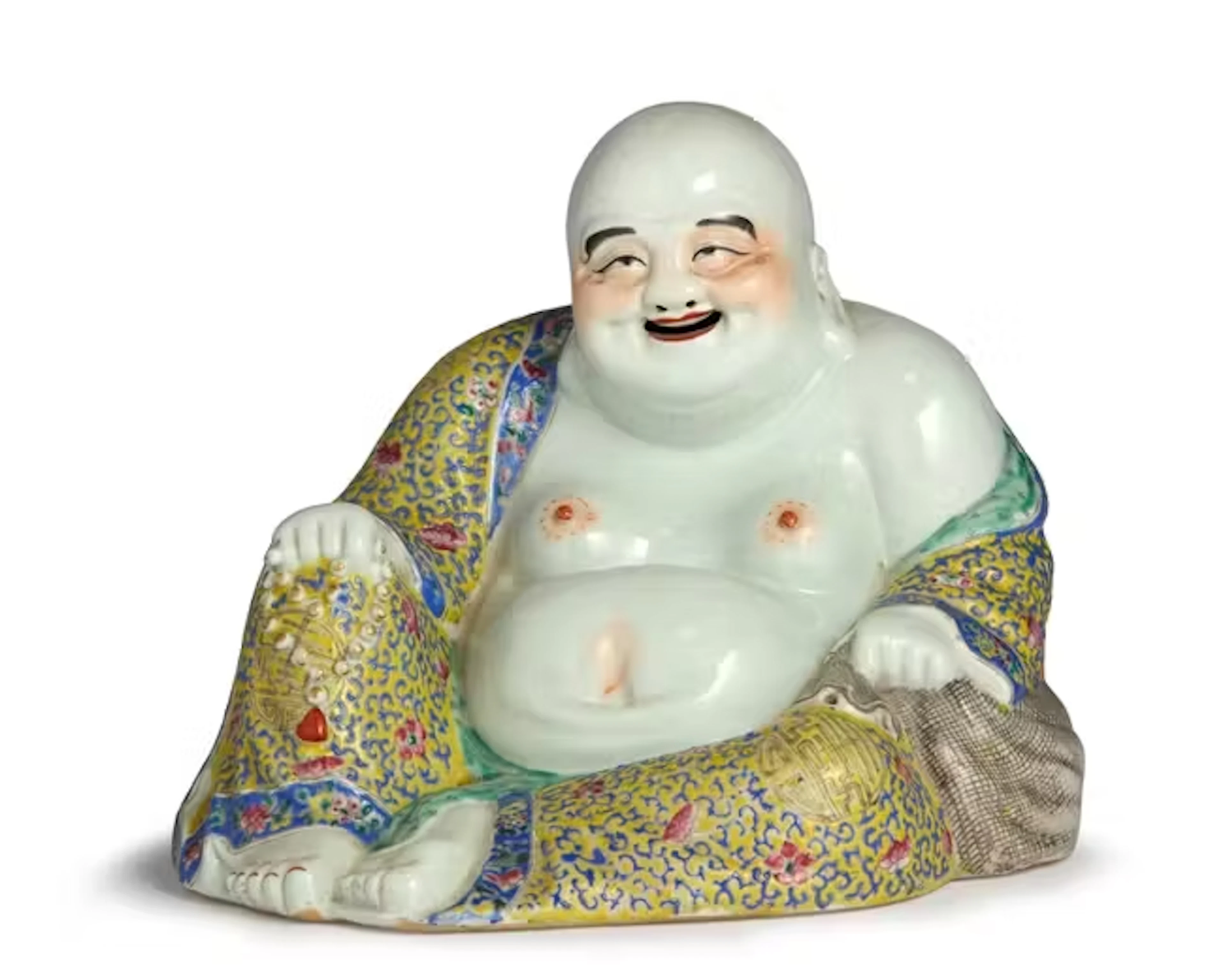 A Chinese famille rose figure of Budai Republic period Leaning against a sack