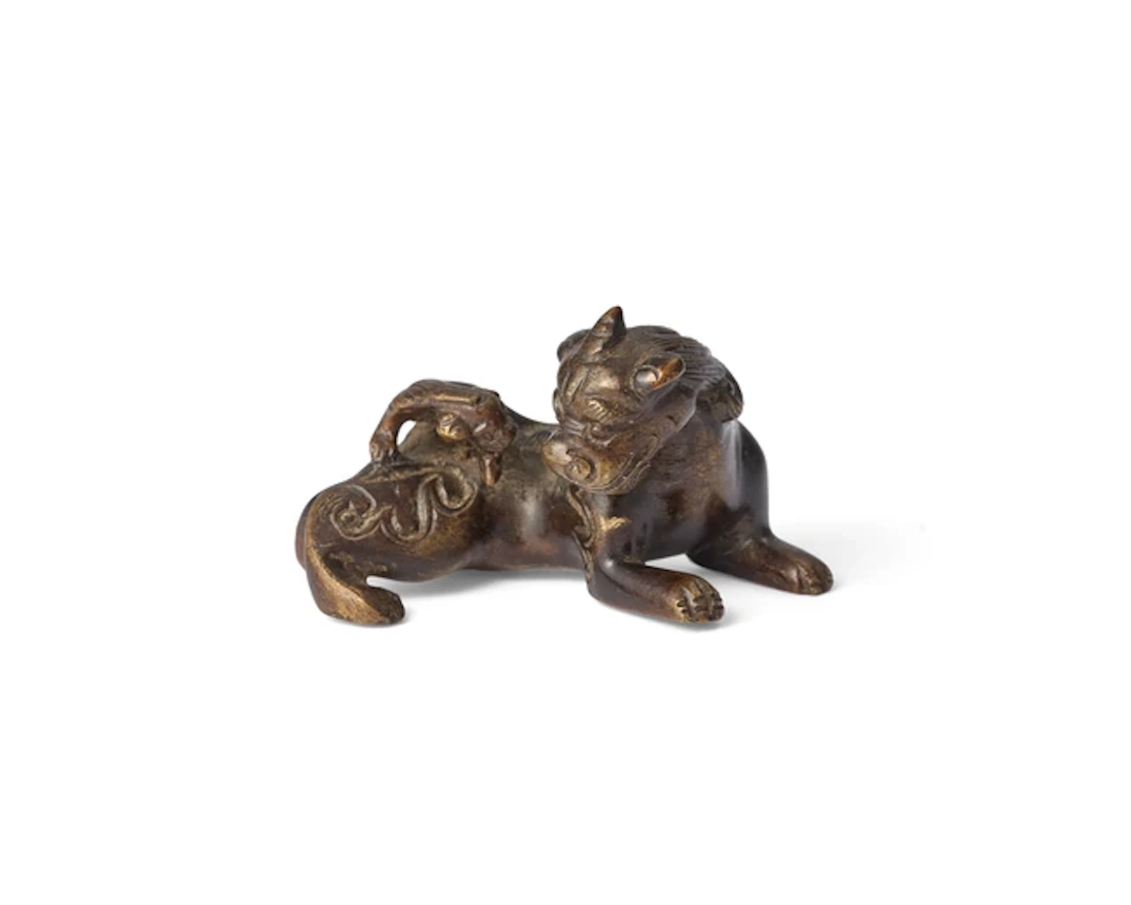 A Chinese bronze mythical beast 'Xiezhi' scroll weight Qing dynasty