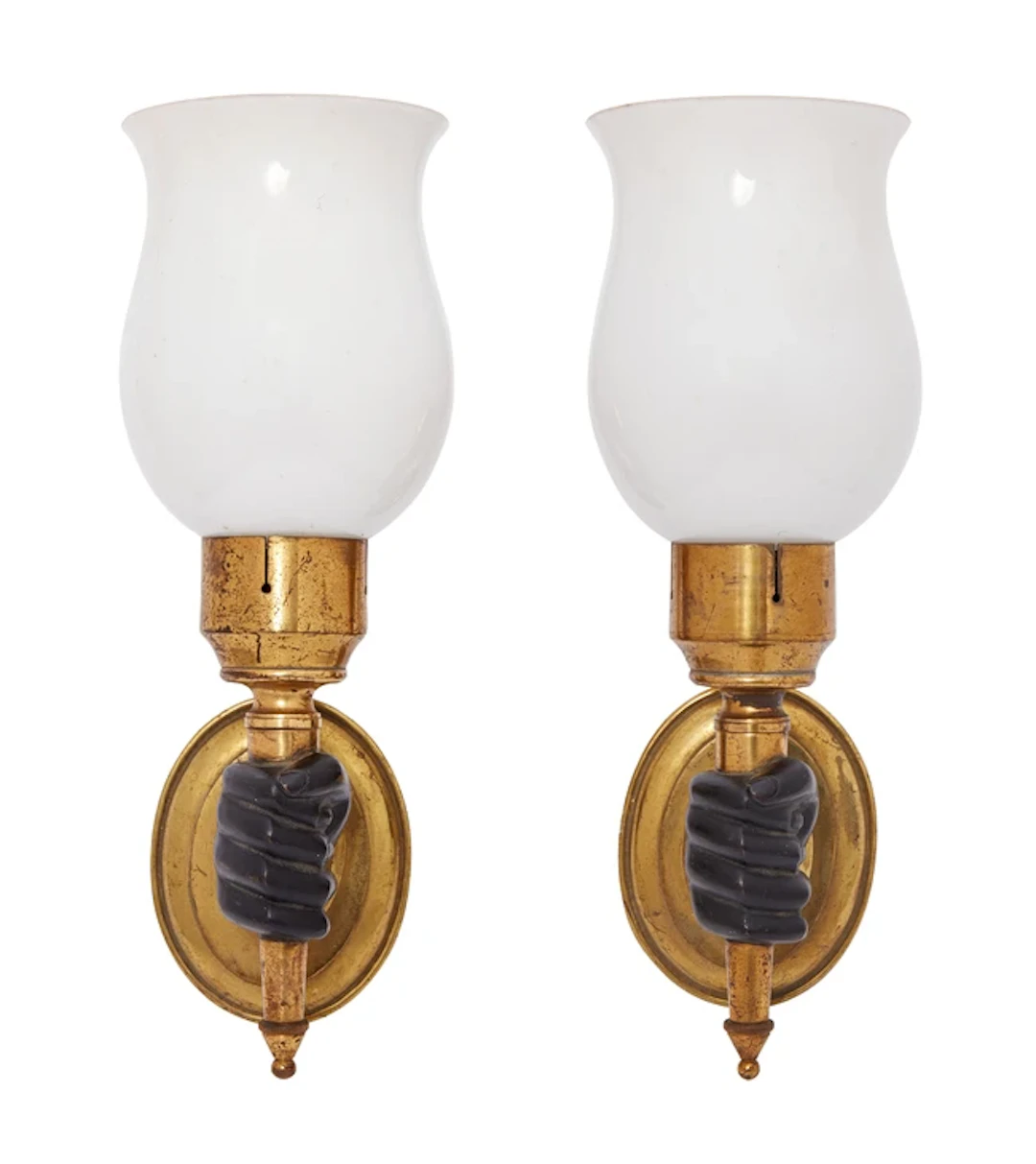 Manner of Andre Arbus Pair of hand & torchère wall lights