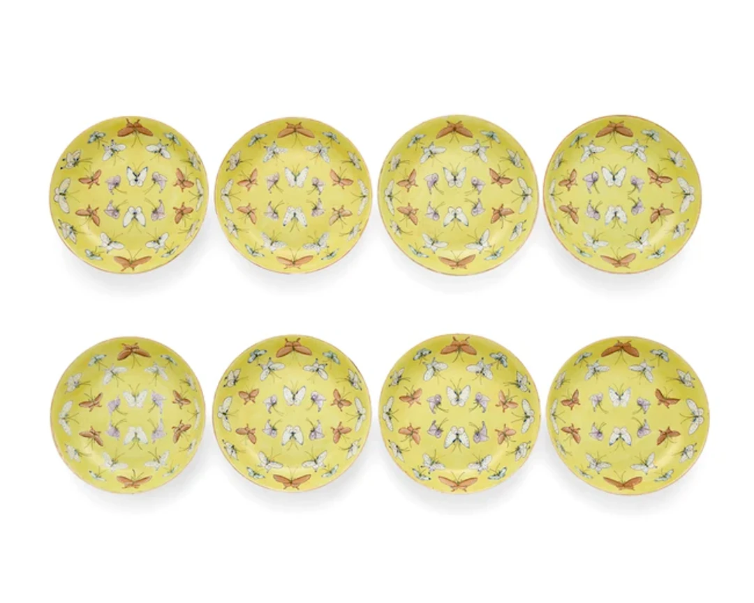 Eight Chinese famille rose yellow-ground ‘butterfly’ dishes Republic period
