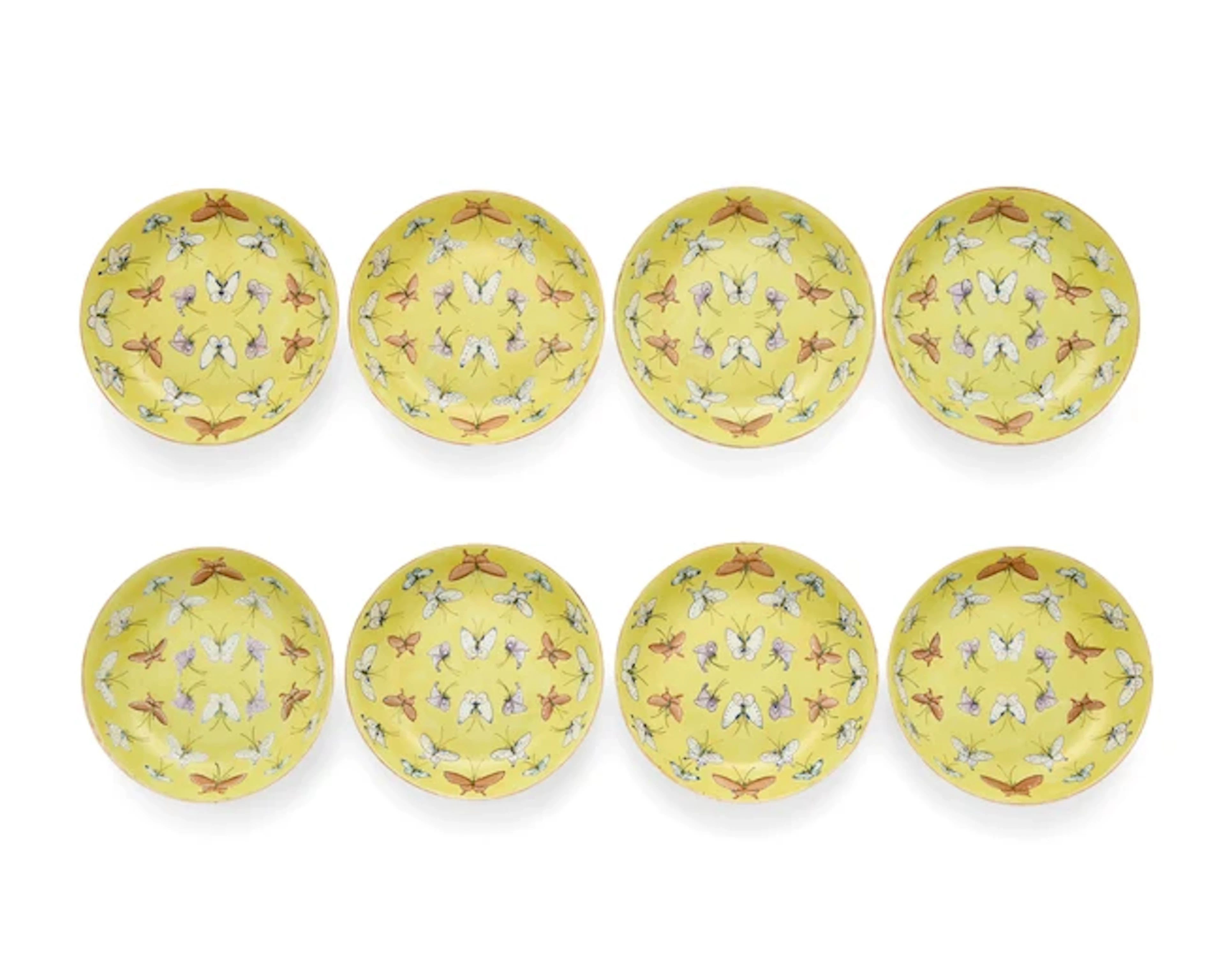 Eight Chinese famille rose yellow-ground ‘butterfly’ dishes Republic period