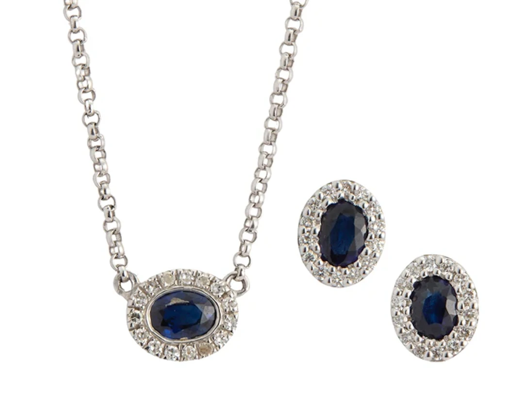 A sapphire and diamond necklace and ear stud set