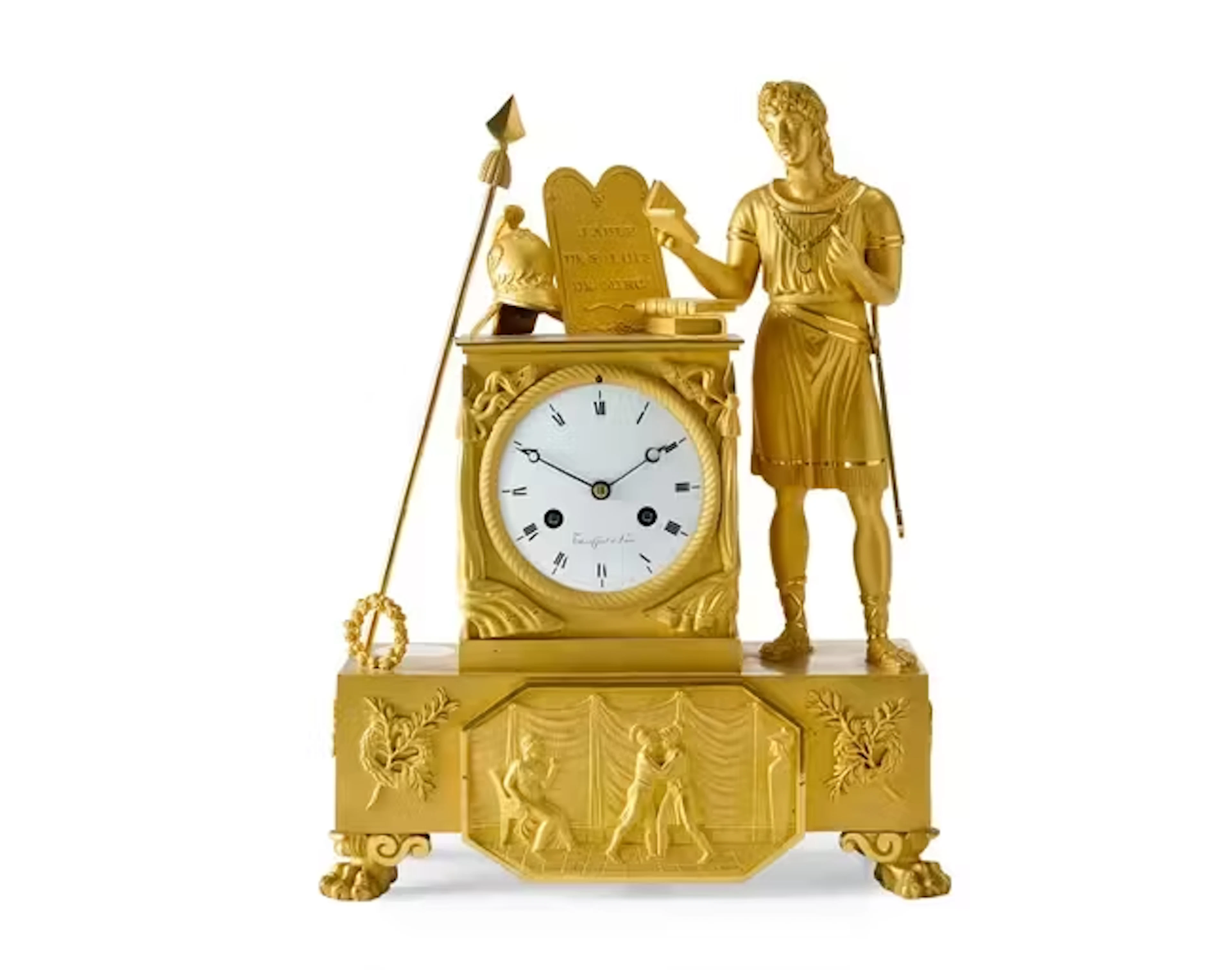 An Empire ormolu mantel clock depicting the Laws of Minos
